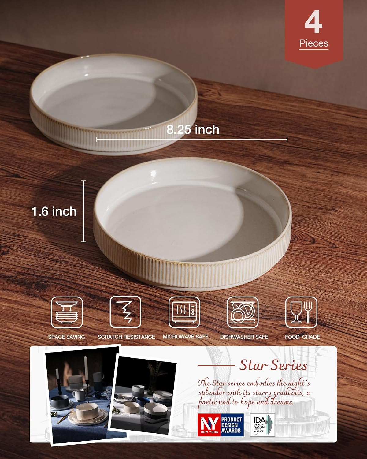 Famiware Star 8.25-Inch Ceramic Pasta Bowls, Set of 4