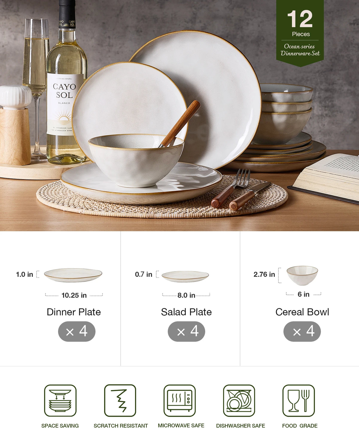 Famiware Ocean Round 12-Piece Stoneware Dinnerware Set, Service for 4