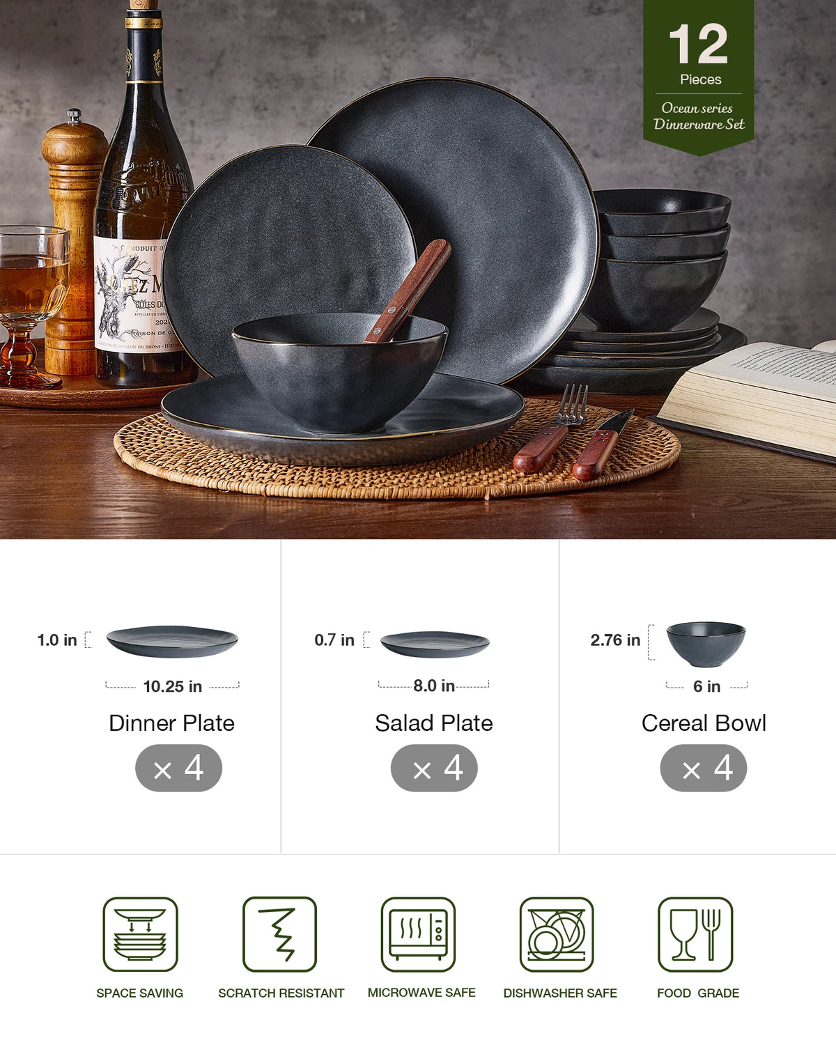 Famiware Ocean Round 12-Piece Stoneware Dinnerware Set, Service for 4