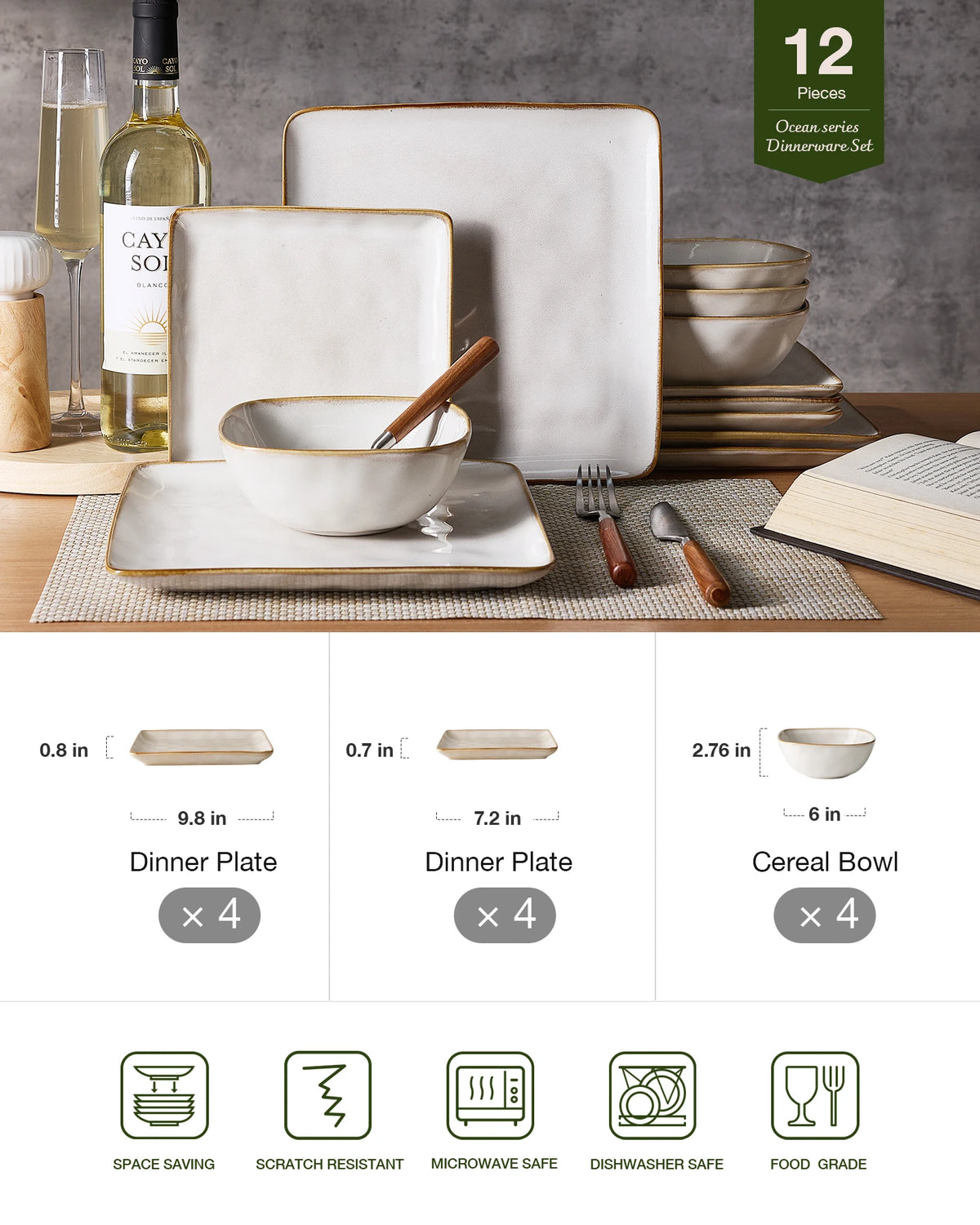 Famiware Ocean Square 12-Piece Stoneware Dinnerware Set, Service for 4