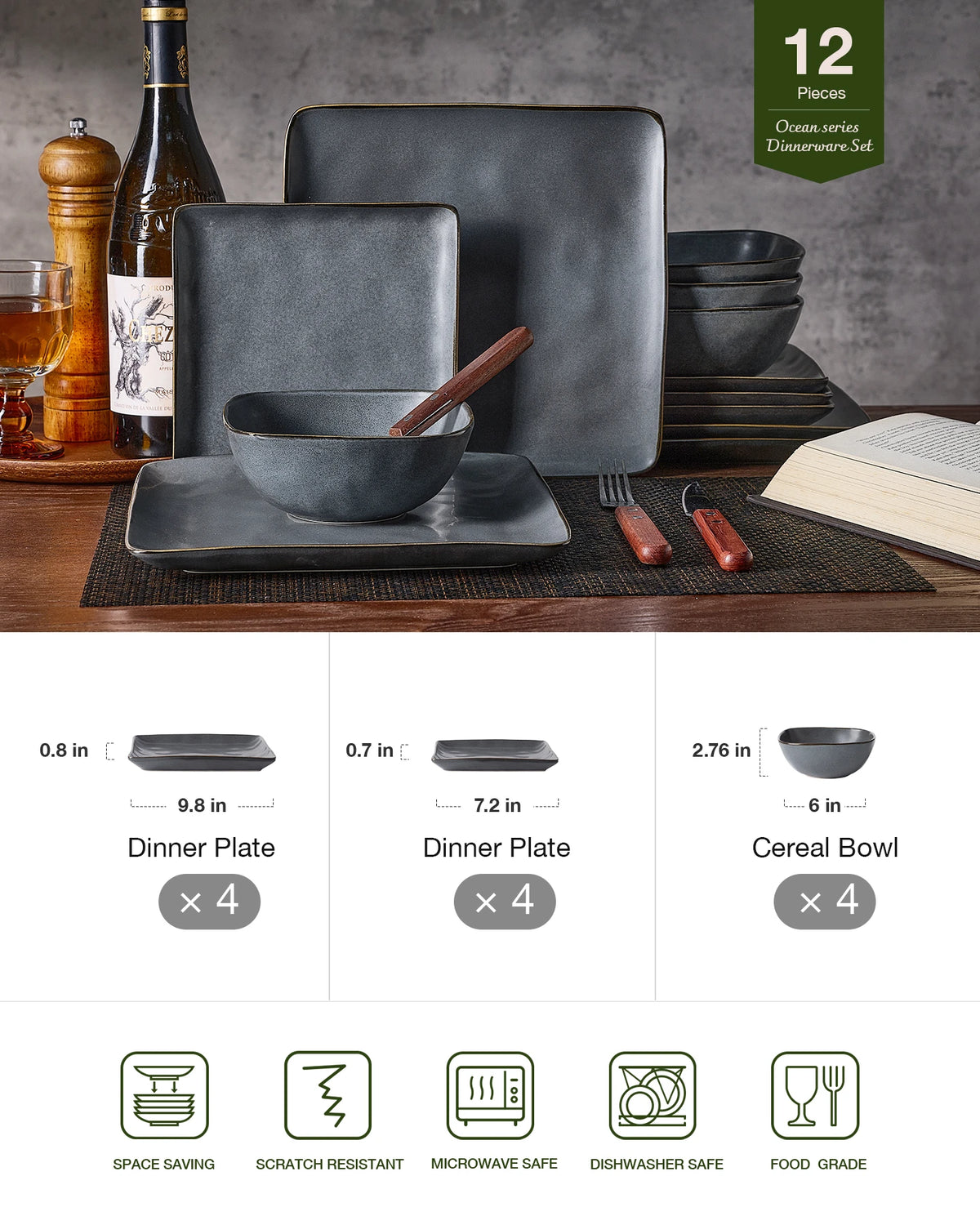 Famiware Ocean Square 12-Piece Stoneware Dinnerware Set, Service for 4