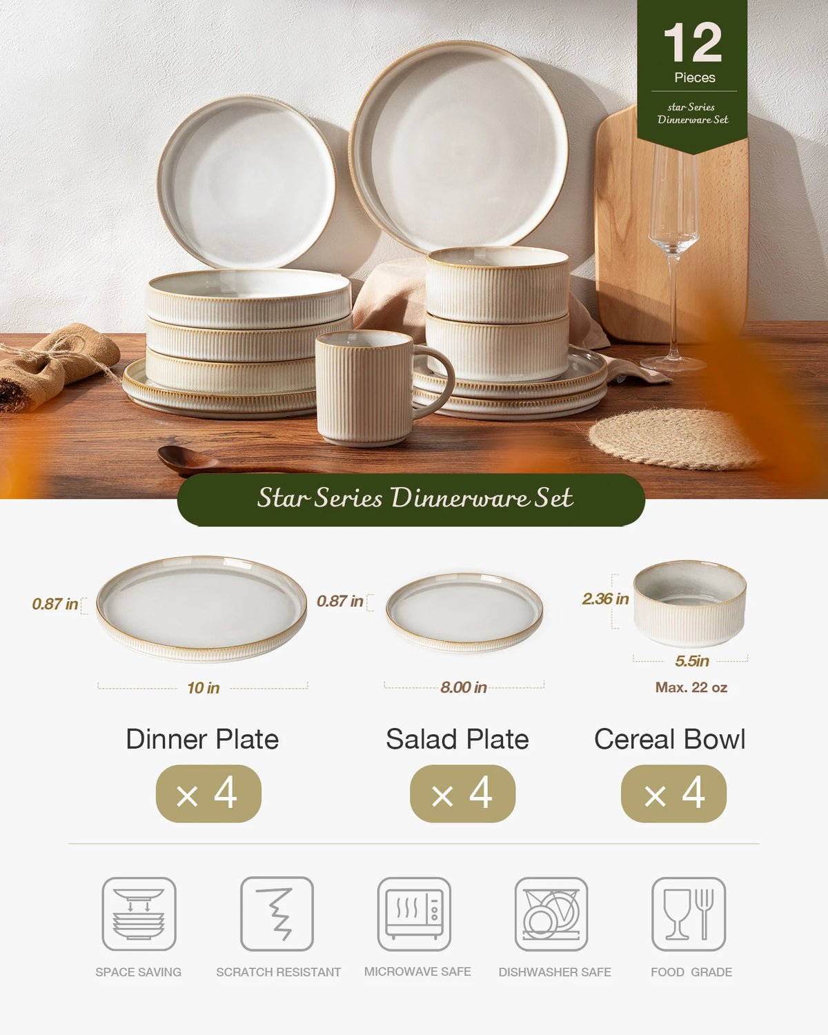 Famiware Star 12-Piece Stoneware Dinnerware Set, Service for 4