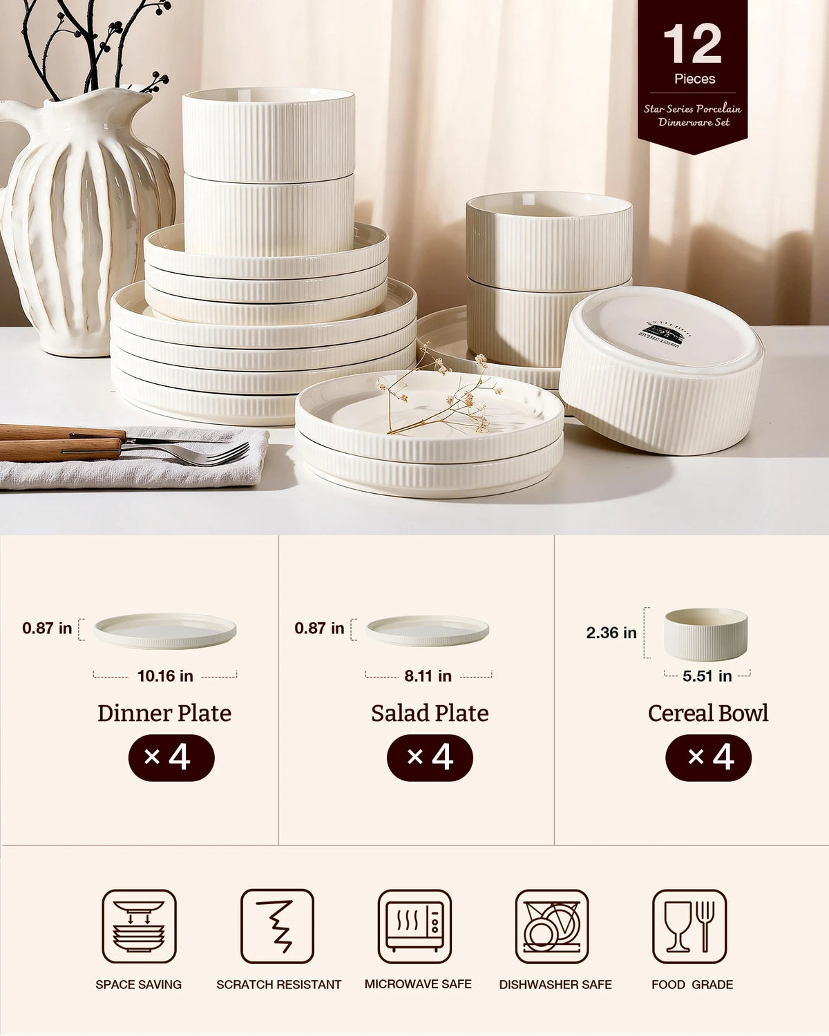 Famiware Star 12-Piece Porcelain Dinnerware Set, Service for 4