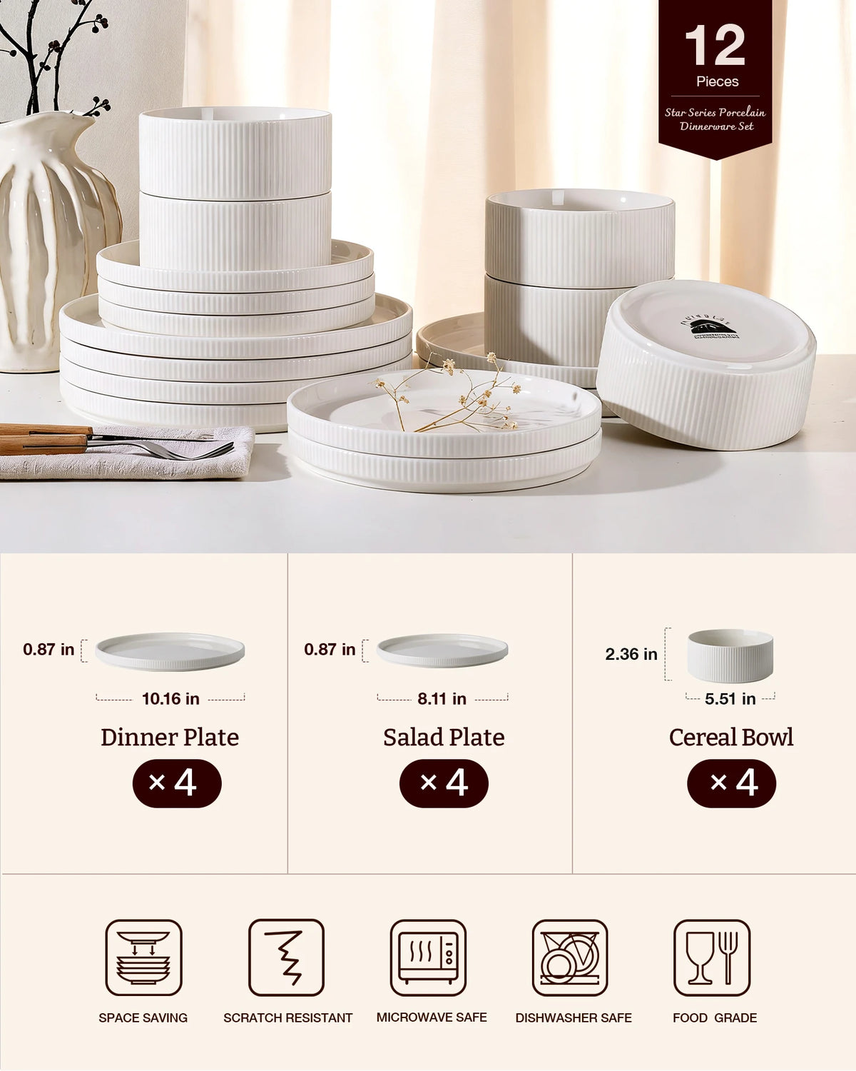 Famiware Star 12-Piece Porcelain Dinnerware Set, Service for 4