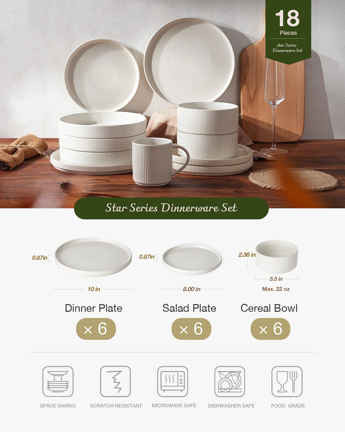 Famiware Star 18-Piece Stoneware Dinnerware Set, Service for 6