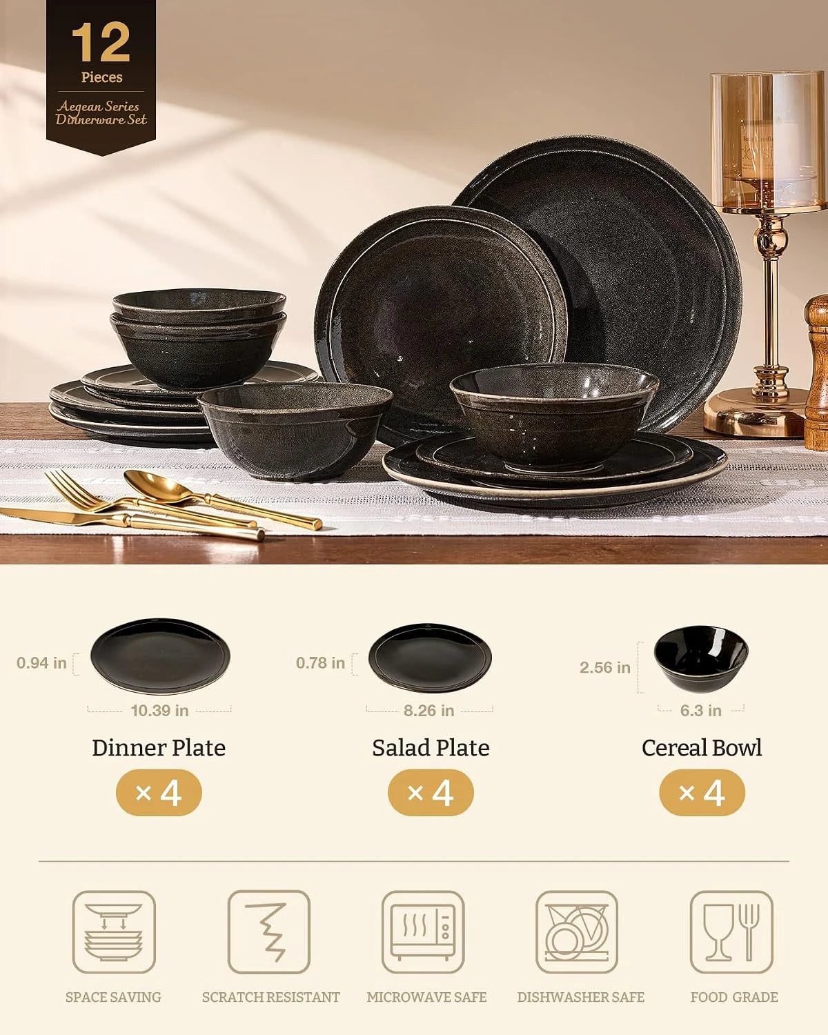 Famiware Aegean 12-Piece Stoneware Dinnerware Set, Service for 4 - Black Coffee - image 2