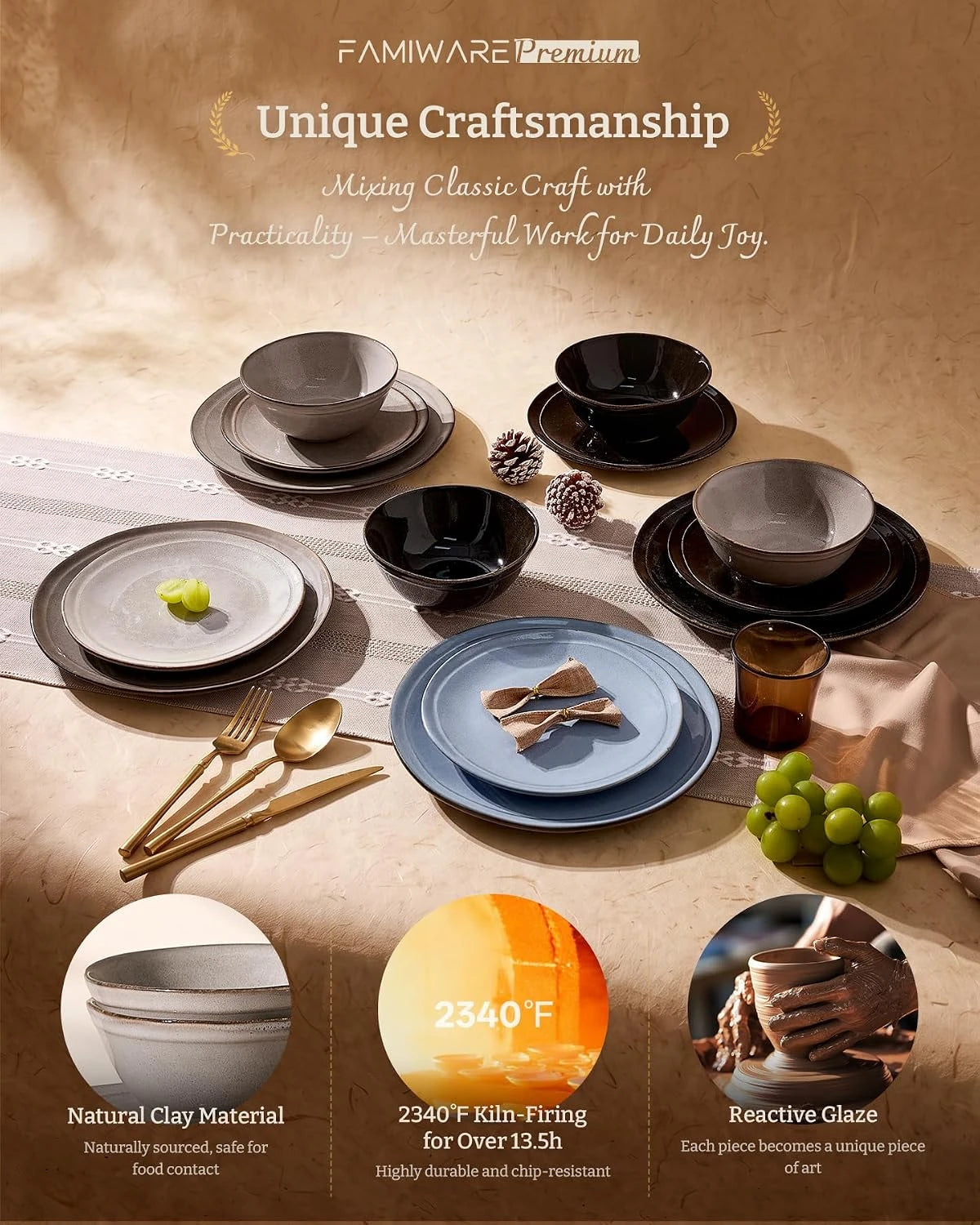 Famiware Aegean 24-Piece Stoneware Dinnerware Set, Service for 8 - Sand Beige - image 6