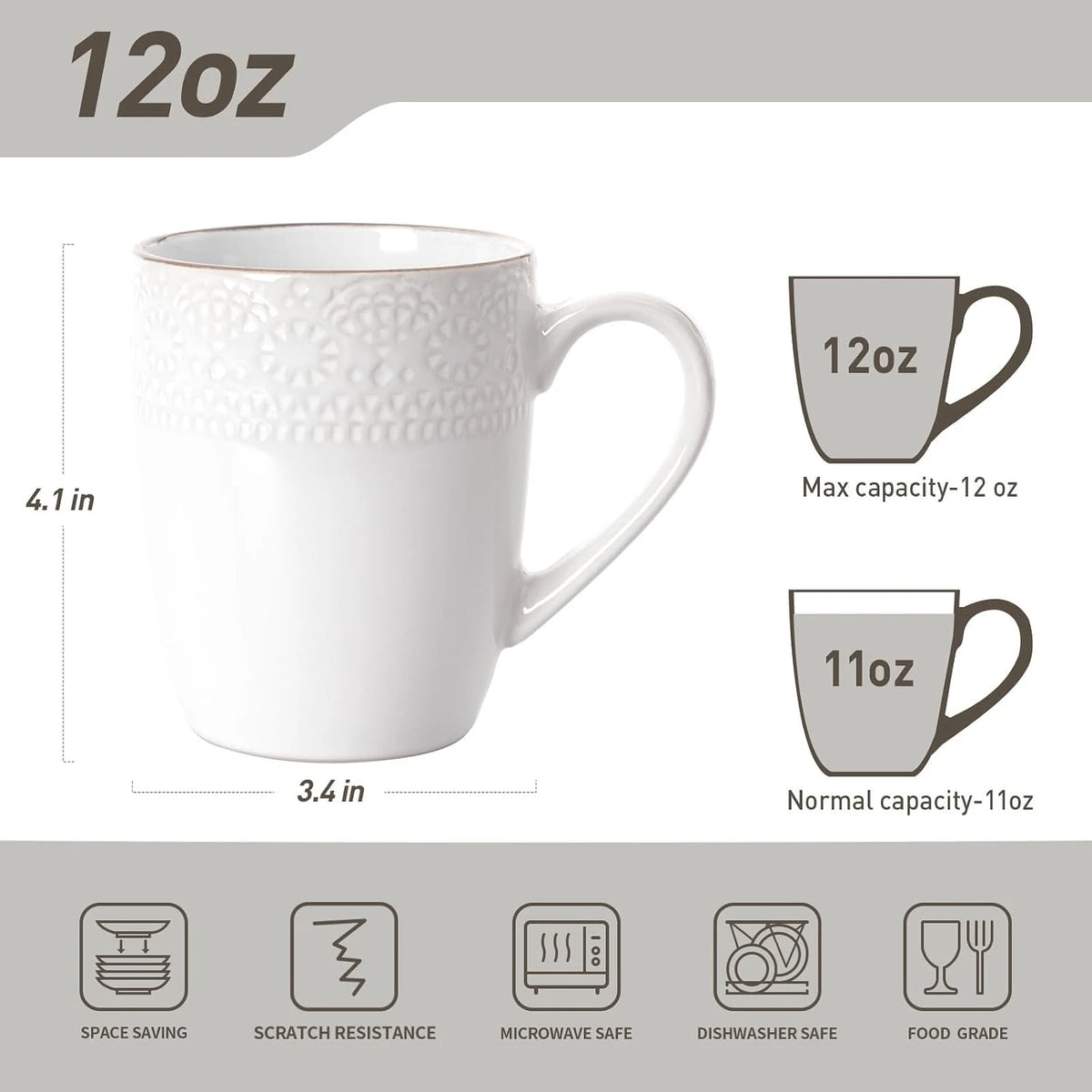 Famiware Eden Ceramic Coffee Mugs, Set of 8 - White Floral - image 5