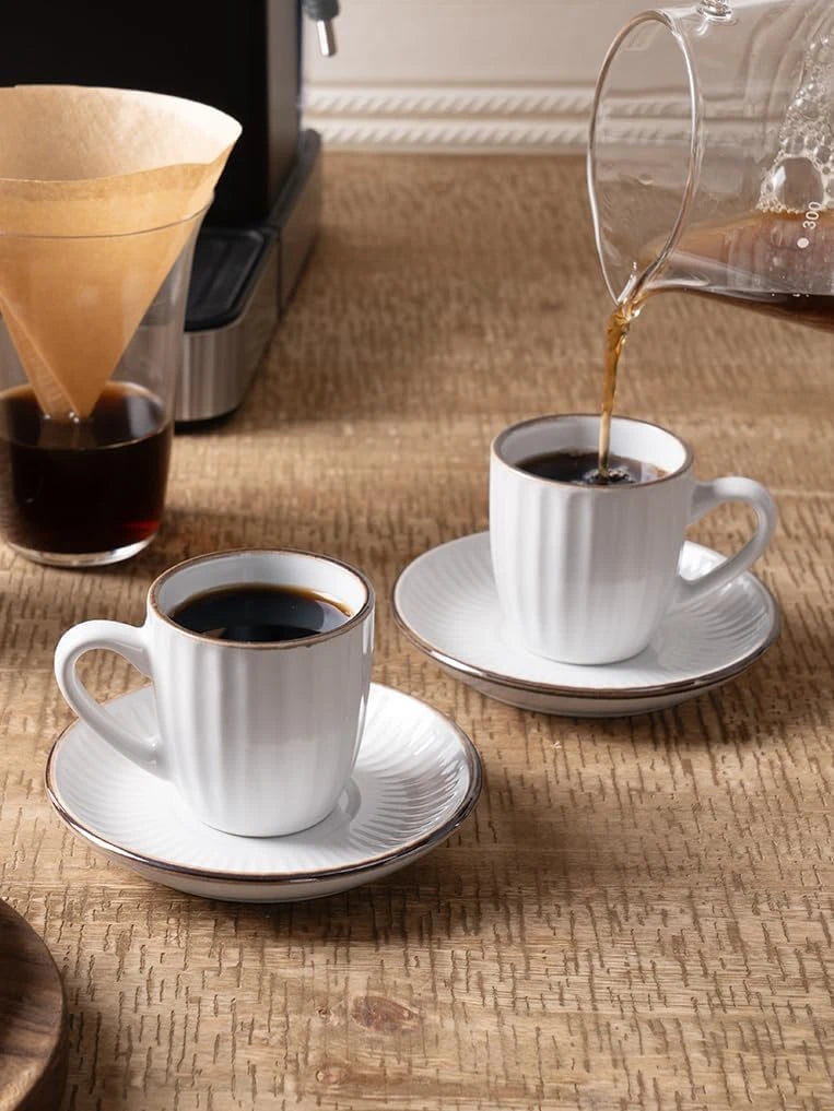 Famiware Eden Ceramic Espresso Cups and Saucers, Set of 4 - White Stripe - image 3