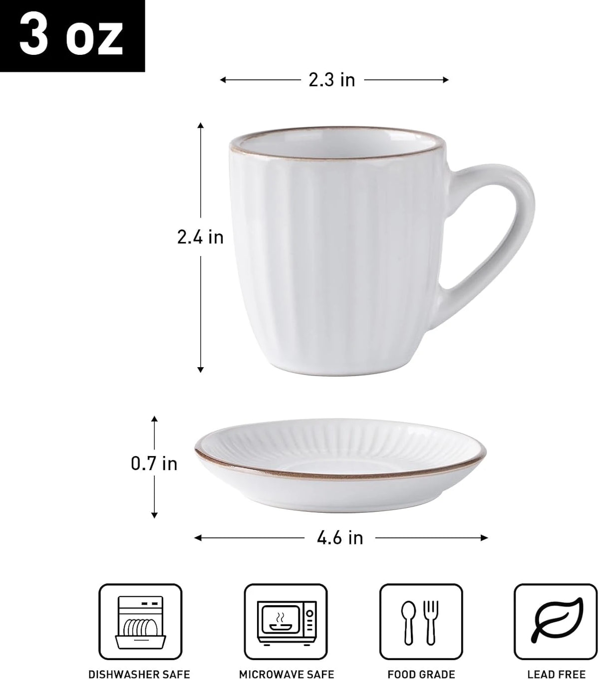 Famiware Eden Ceramic Espresso Cups and Saucers, Set of 4 - White Stripe - image 5
