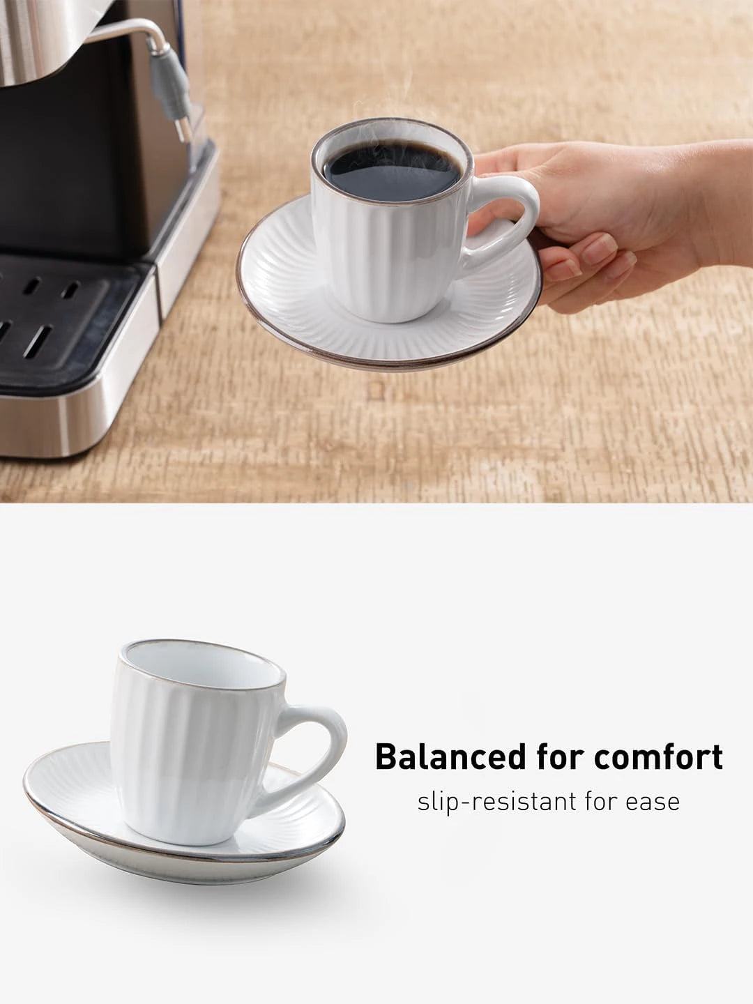 Famiware Eden Ceramic Espresso Cups and Saucers, Set of 4 - White Stripe - image 6