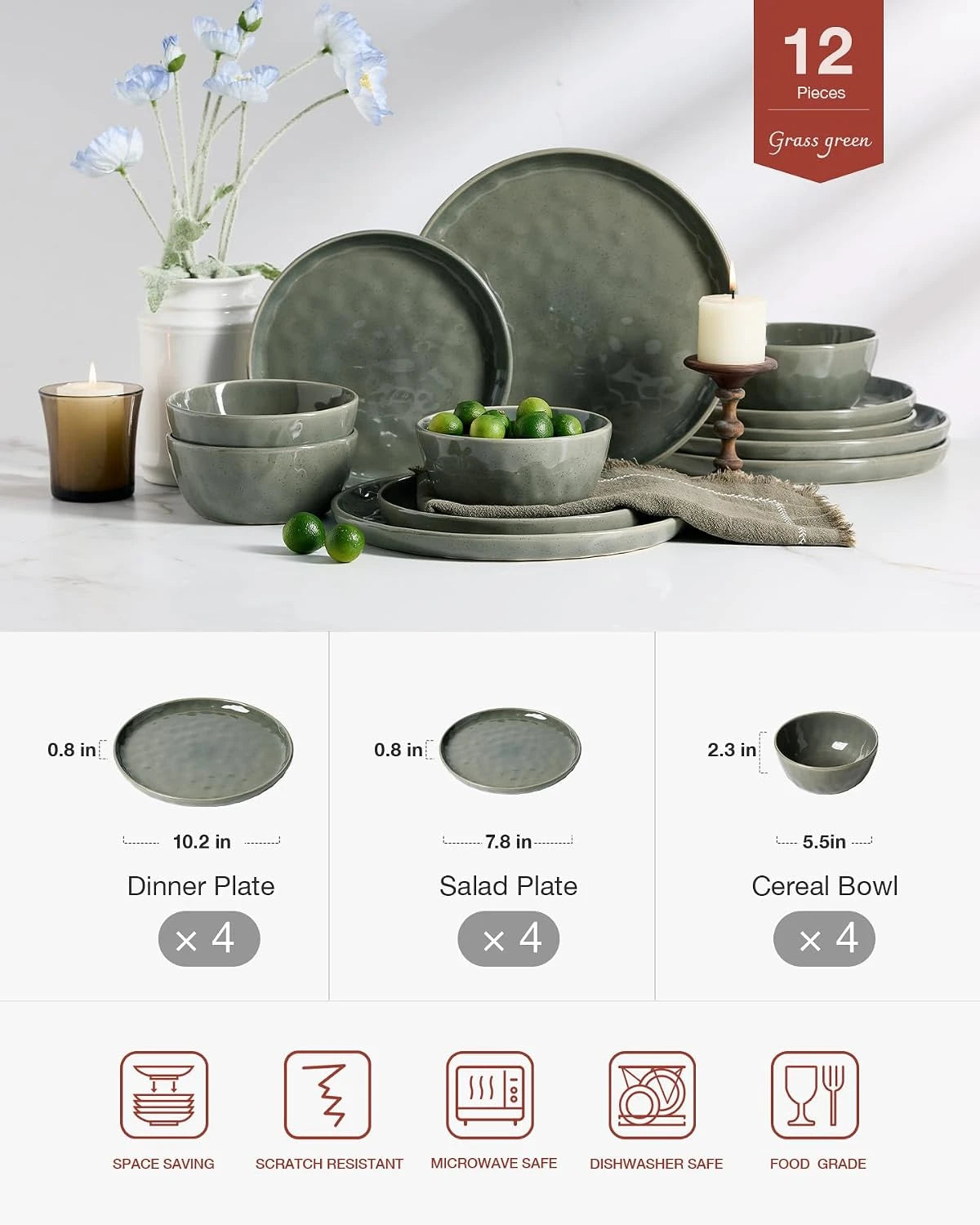 Famiware Mars 12-Piece Stoneware Dinnerware Set, Service for 4 — Sage Green, image 3