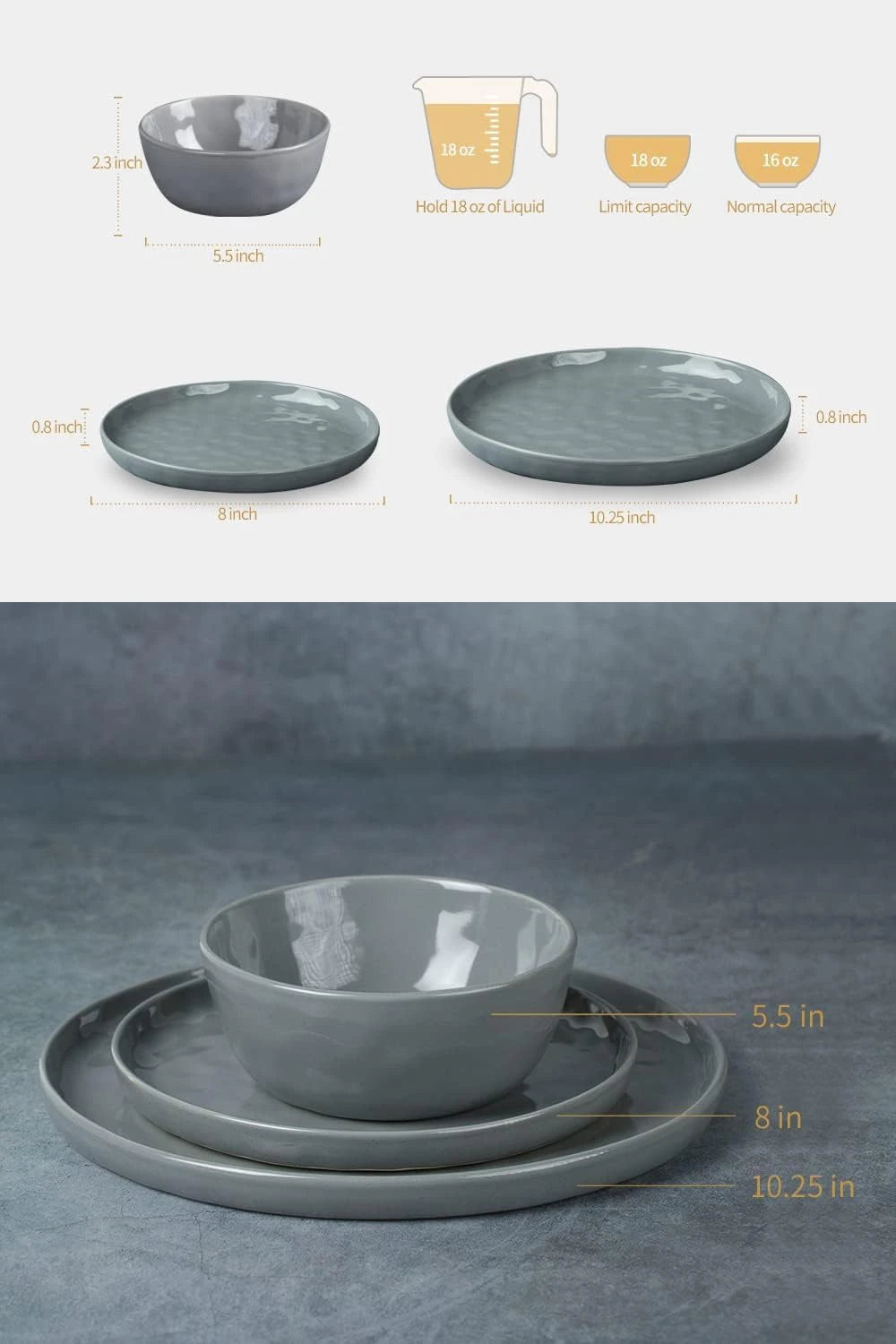 Famiware Mars 18-Piece Stoneware Dinnerware Set, Service for 6 — Dark Gray, image 3