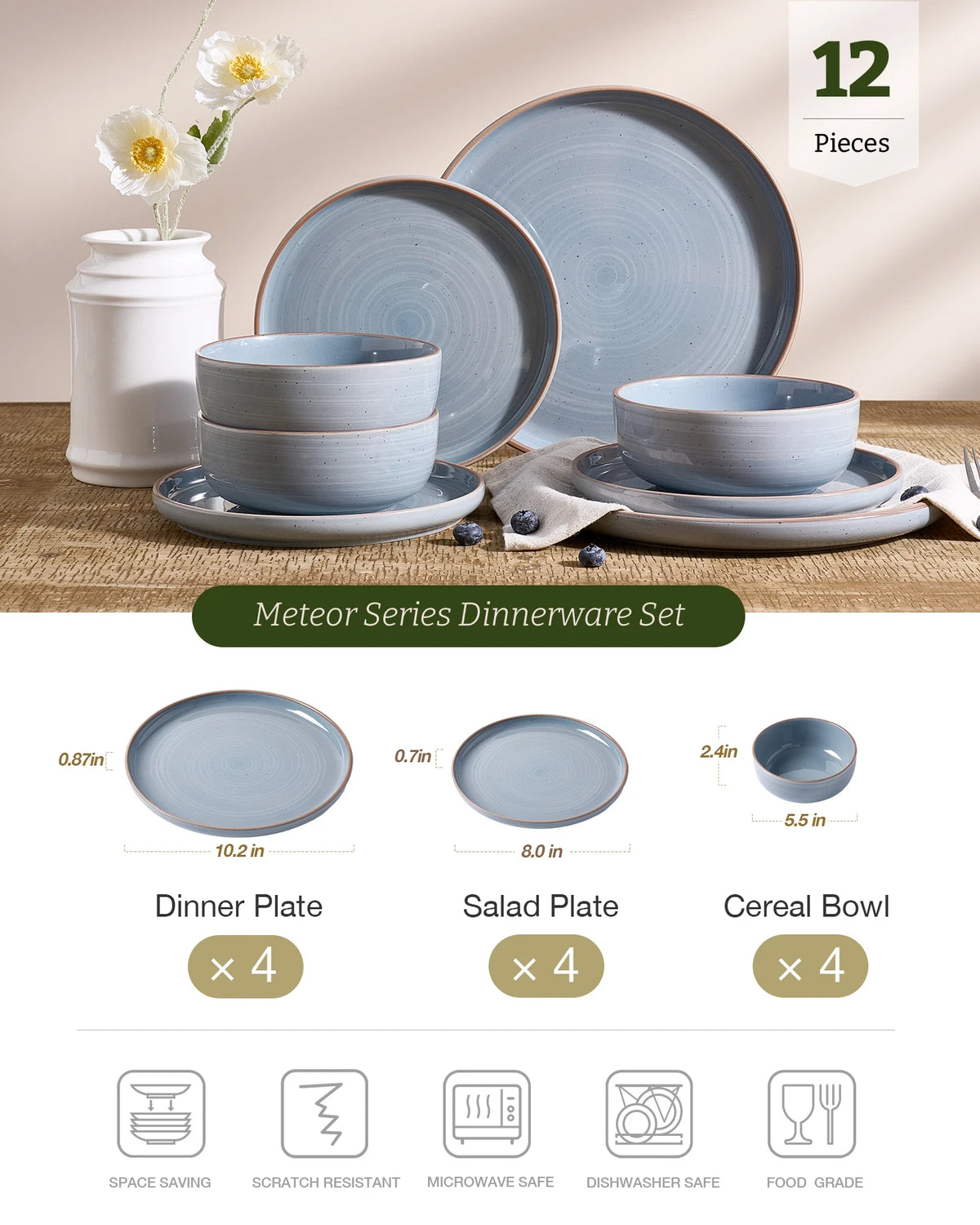 Famiware Meteor 12-Piece Stoneware Dinnerware Set, Blue Gray, image 3
