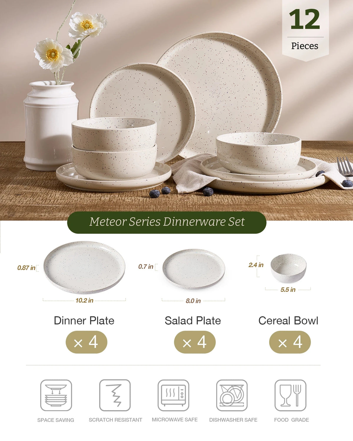 Famiware Meteor 12-Piece Stoneware Dinnerware Set, Creamy White, image 3