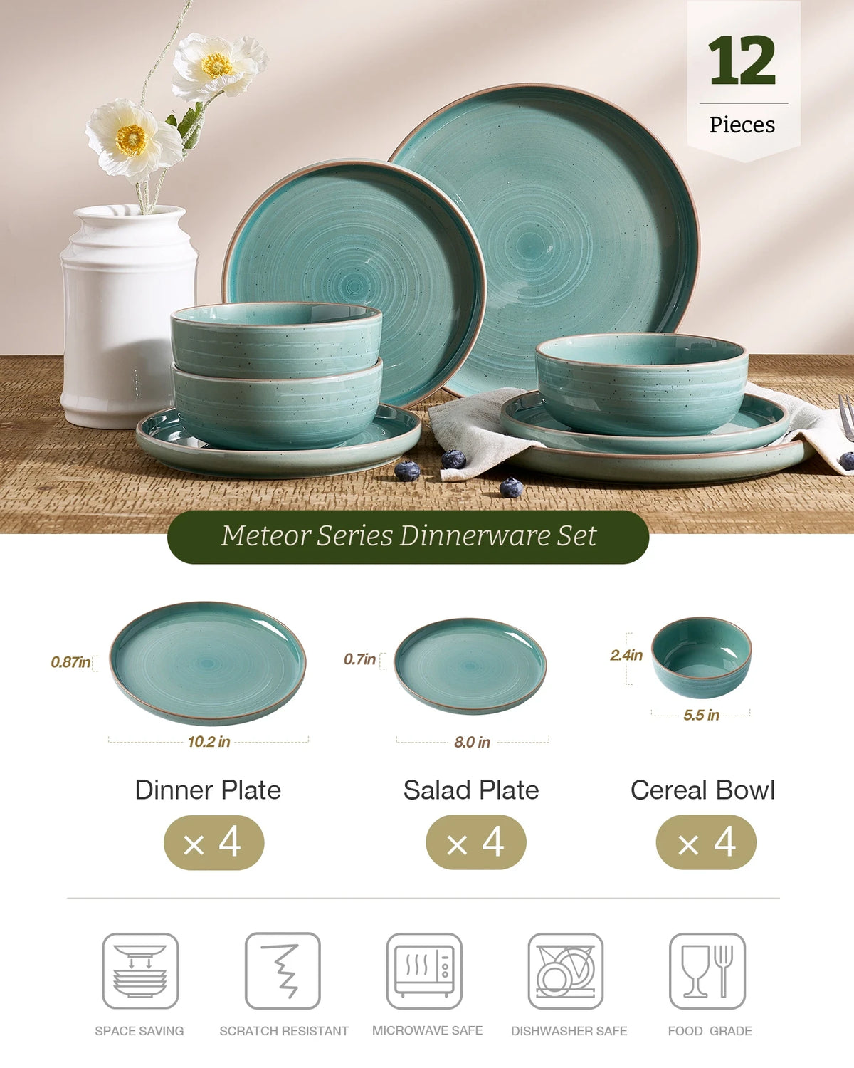 Famiware Meteor 12-Piece Stoneware Dinnerware Set, Peacock Green, image 3