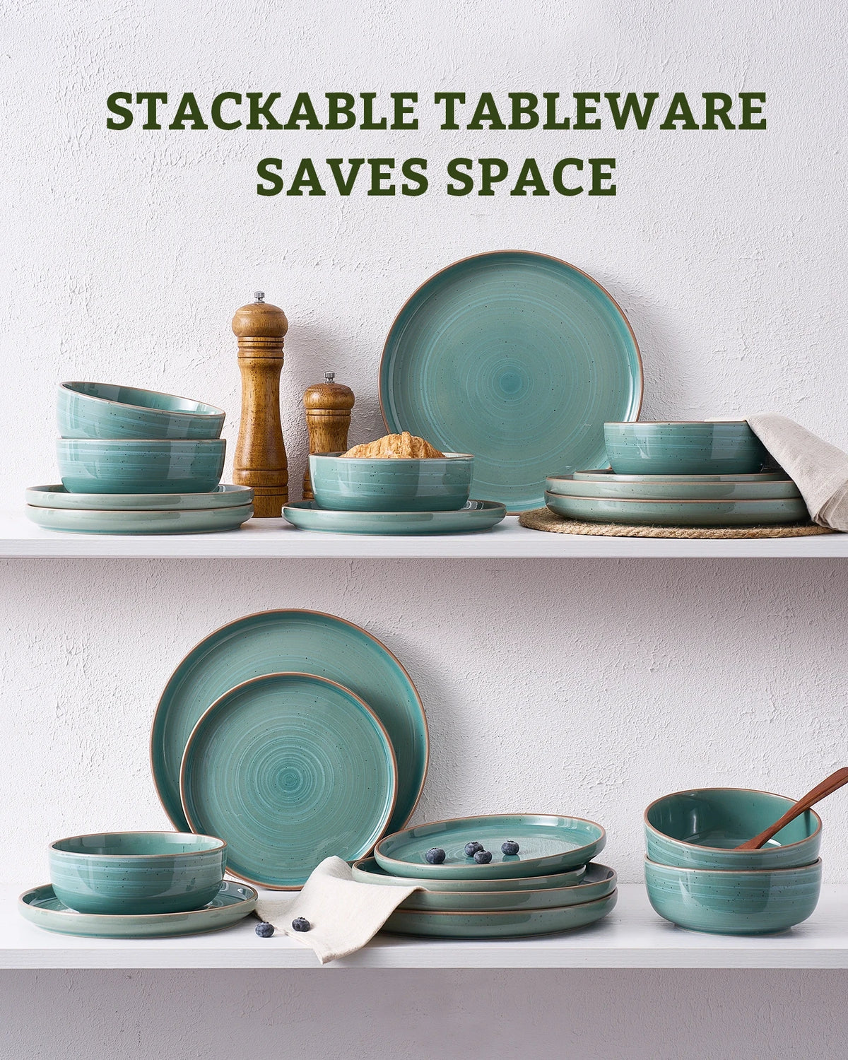 Famiware Meteor 12-Piece Stoneware Dinnerware Set, Peacock Green, image 7