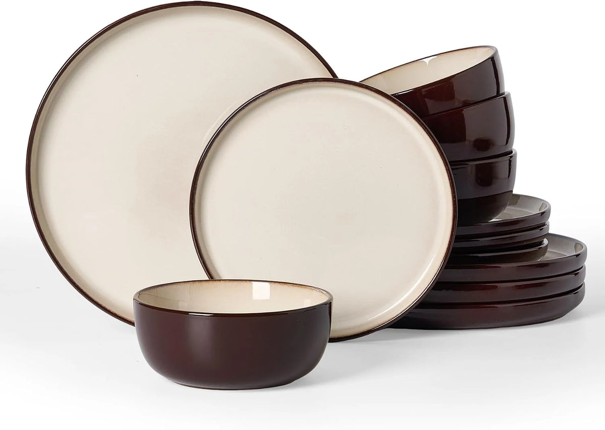 Famiware Milkyway Colorblock 12-Piece Stoneware Dinnerware Set - Light khaki & Cocoa - 01