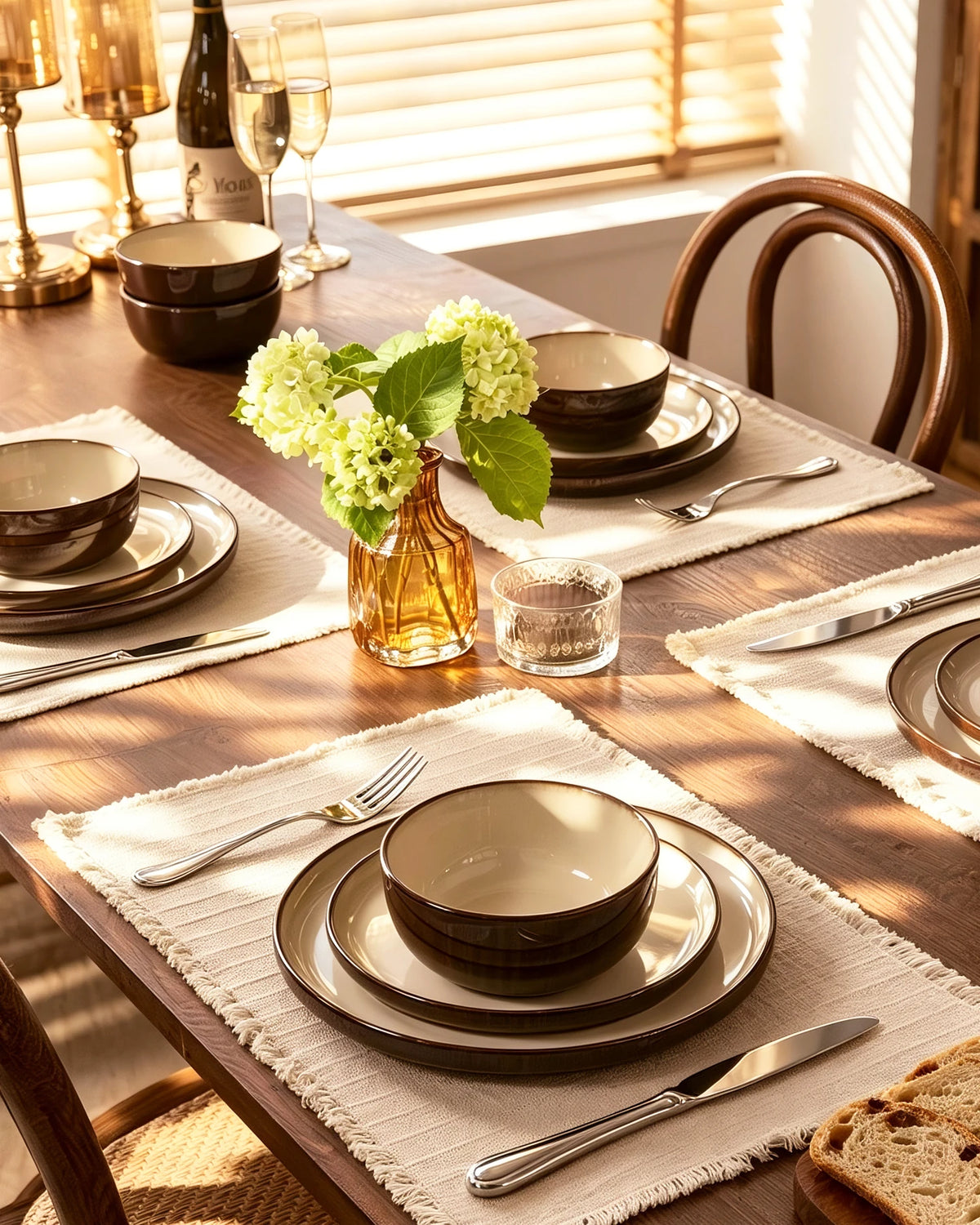 Famiware Milkyway Colorblock 12-Piece Stoneware Dinnerware Set - Light khaki & Cocoa - 02