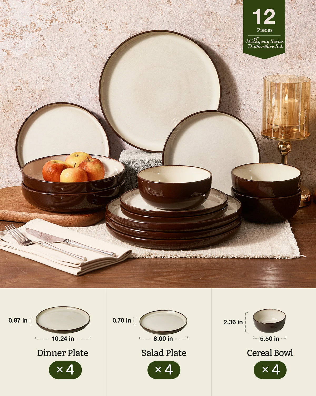 Famiware Milkyway Colorblock 12-Piece Stoneware Dinnerware Set - Light khaki & Cocoa - 03