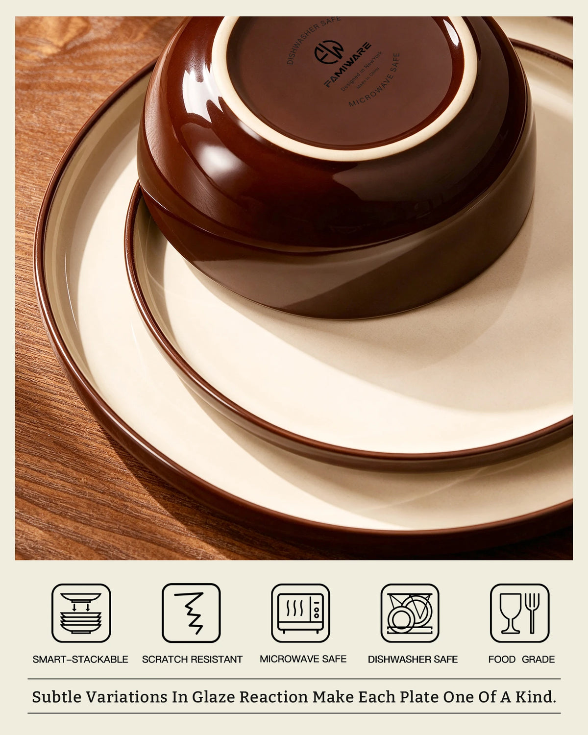 Famiware Milkyway Colorblock 12-Piece Stoneware Dinnerware Set - Light khaki & Cocoa - 04
