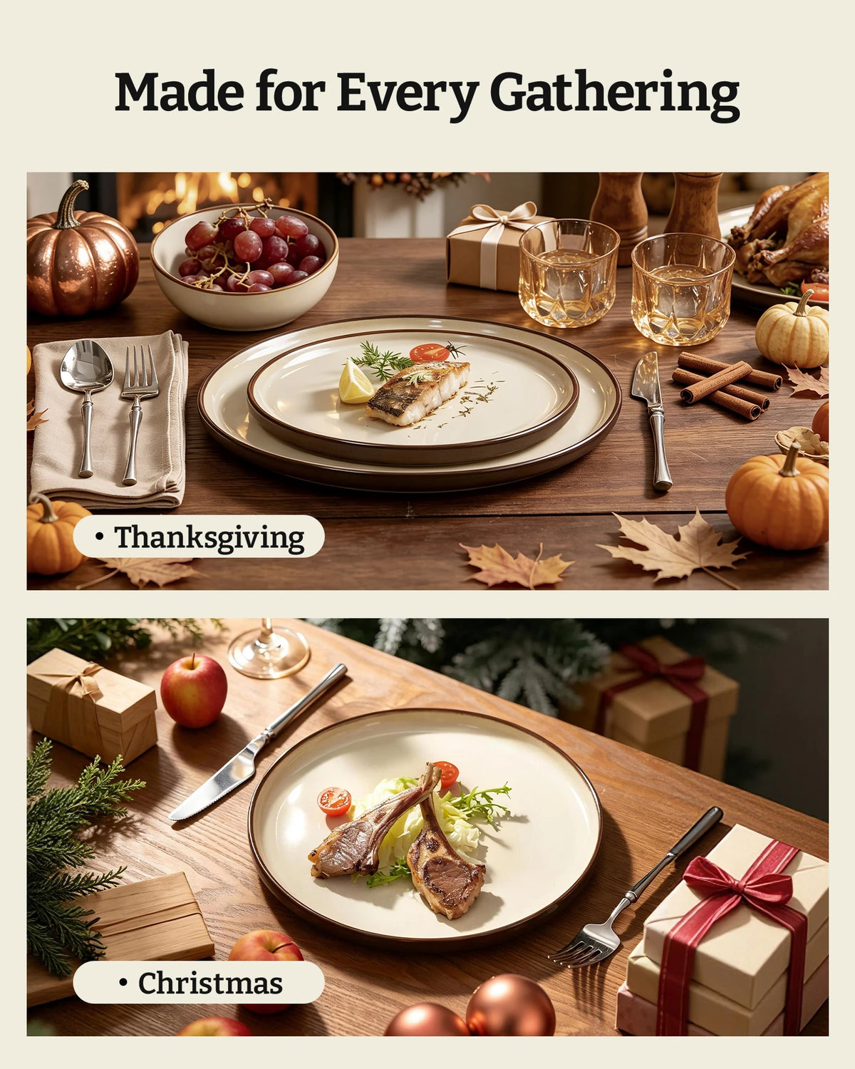 Famiware Milkyway Colorblock 12-Piece Stoneware Dinnerware Set - Light khaki & Cocoa - 06