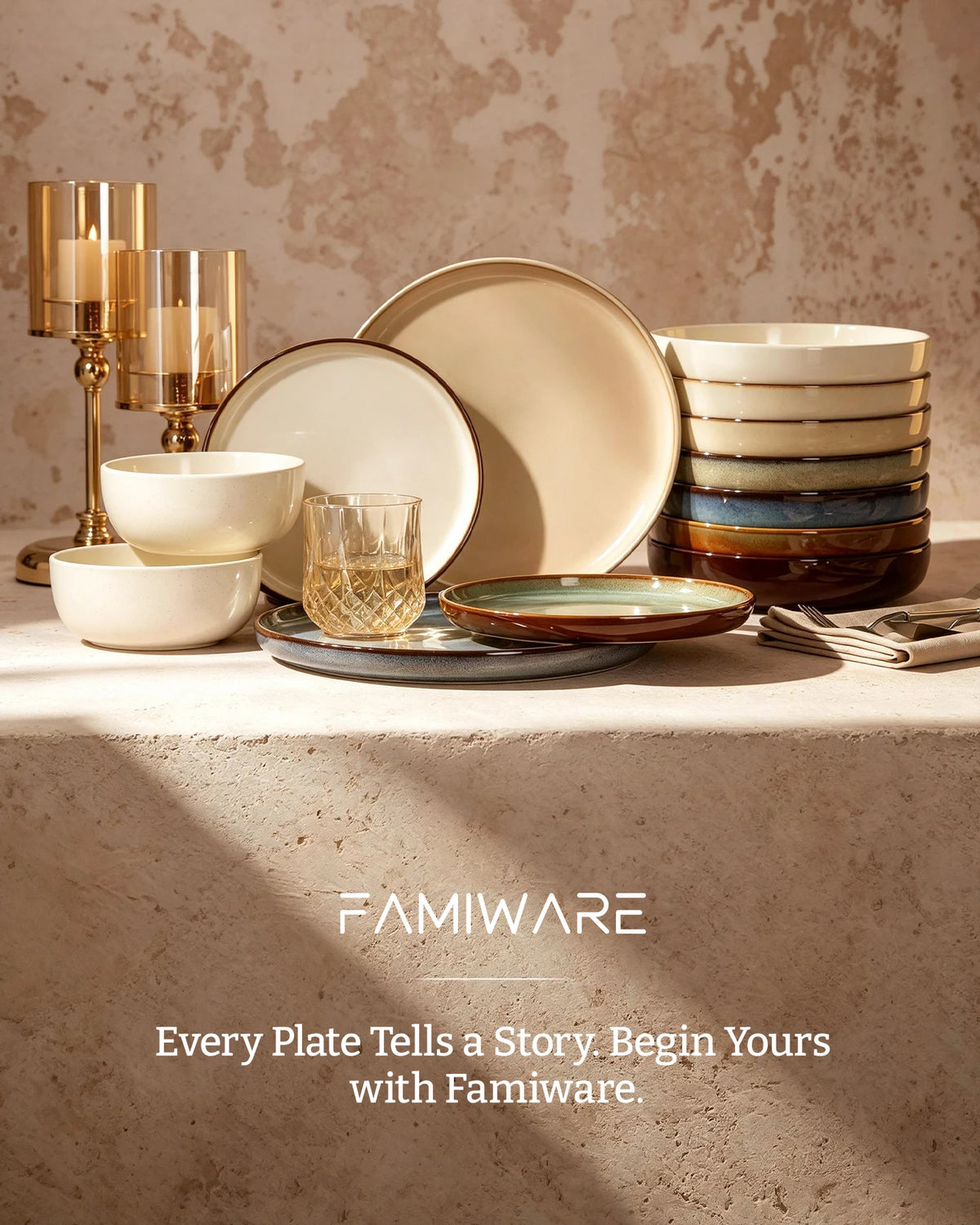 Famiware Milkyway Colorblock 12-Piece Stoneware Dinnerware Set - Light khaki & Cocoa - 08