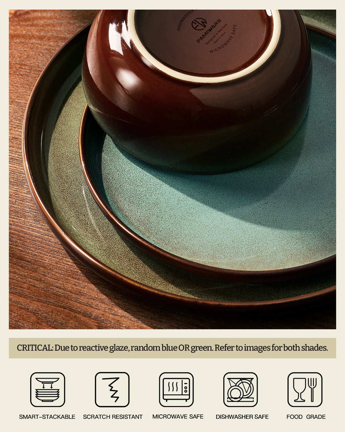 Famiware Milkyway Colorblock 12-Piece Stoneware Dinnerware Set - Moss Green & Cocoa - 04