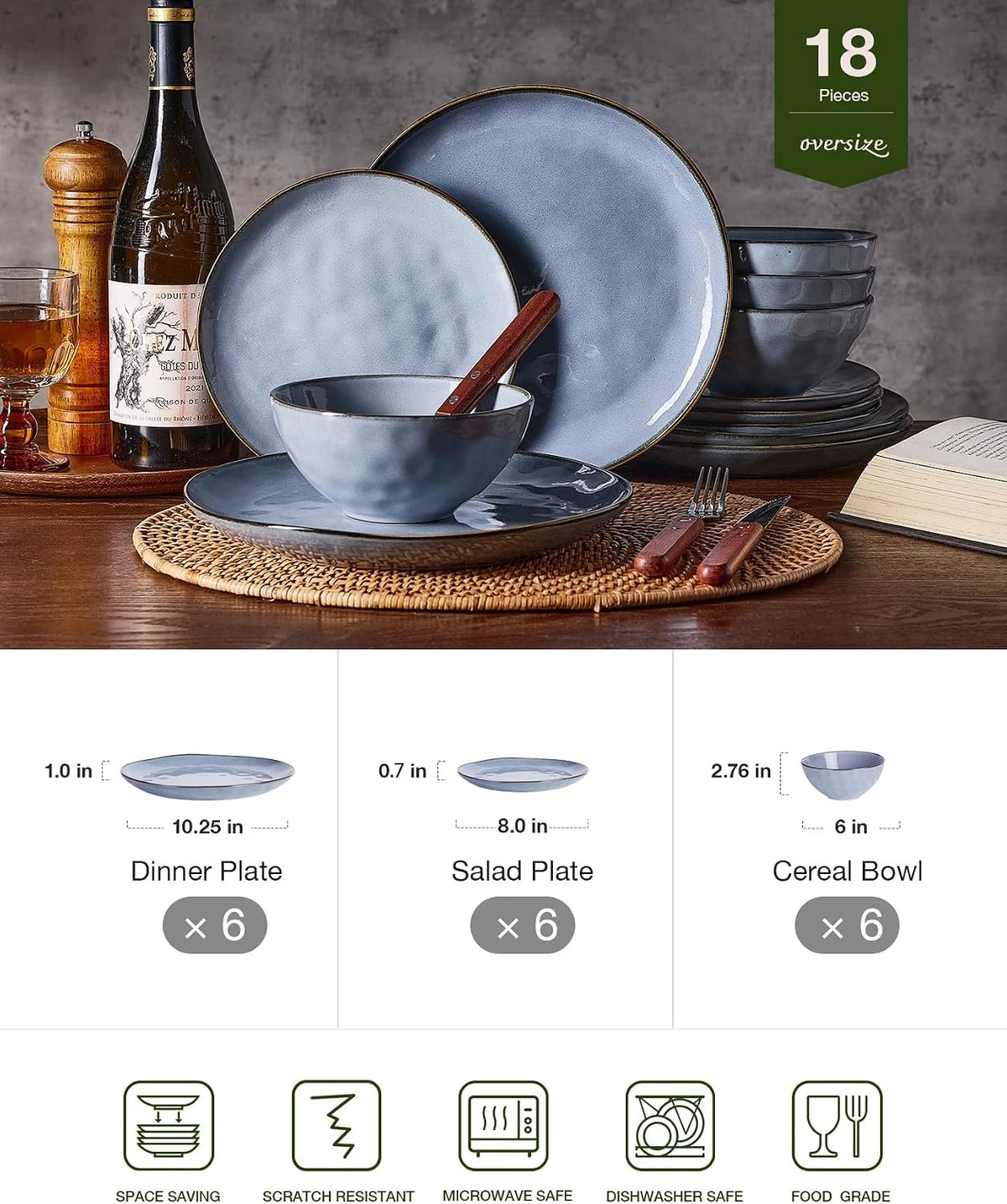 Famiware Ocean Round 18-Piece Stoneware Dinnerware Set, Service for 6 - Blue - image 2