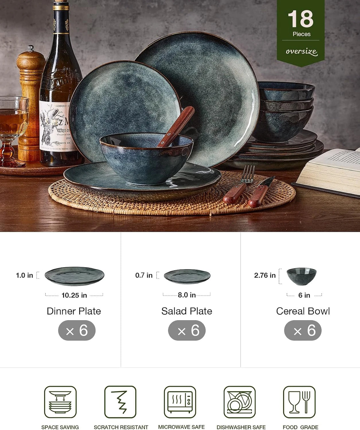 Famiware Ocean Round 18-Piece Stoneware Dinnerware Set, Service for 6 - Deep Forest - image 2