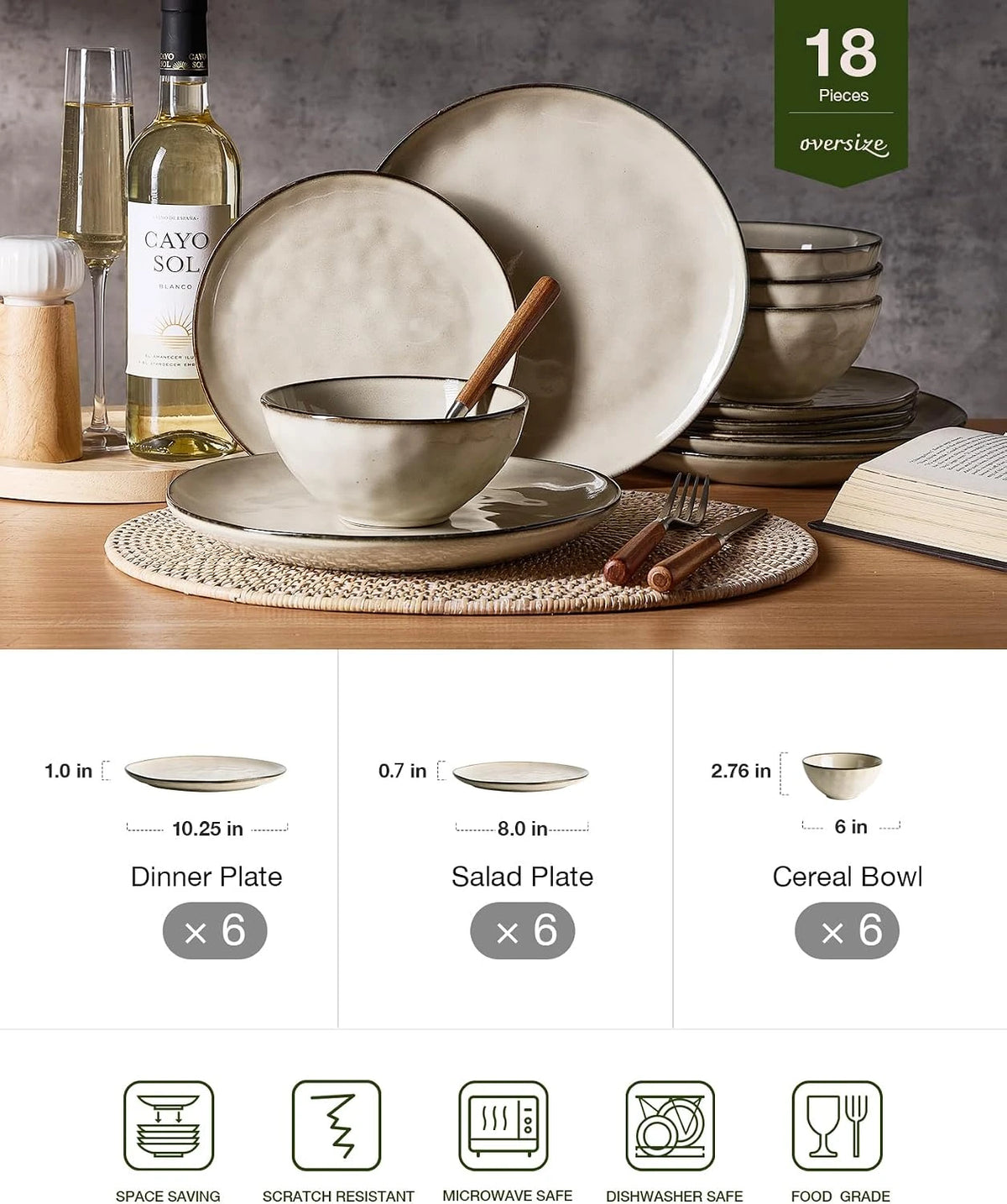 Famiware Ocean Round 18-Piece Stoneware Dinnerware Set, Service for 6 - Light khaki - image 2