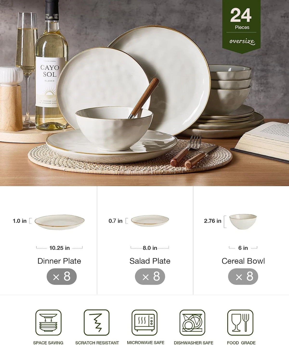 Famiware Ocean Round 24-Piece Stoneware Dinnerware Set, Service for 8 - Vanilla White - image 2