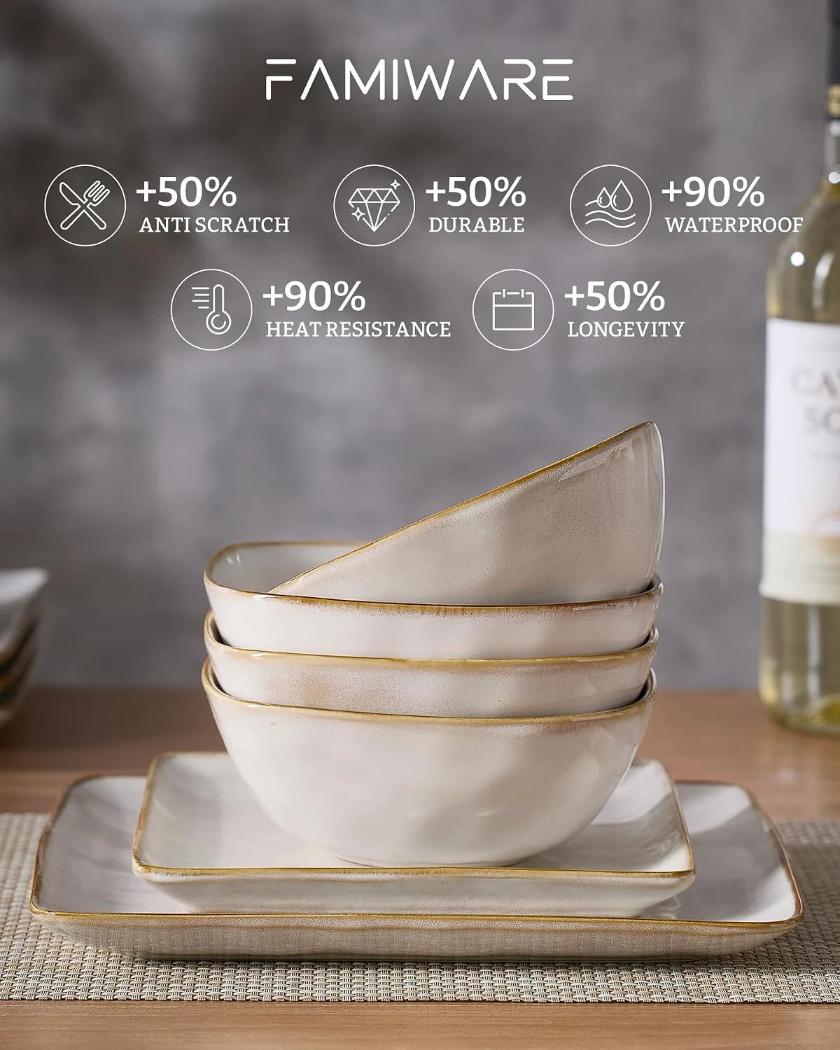 Famiware Ocean Square 18-Piece Stoneware Dinnerware Set, Service for 6 - Cappuccino White - image 7