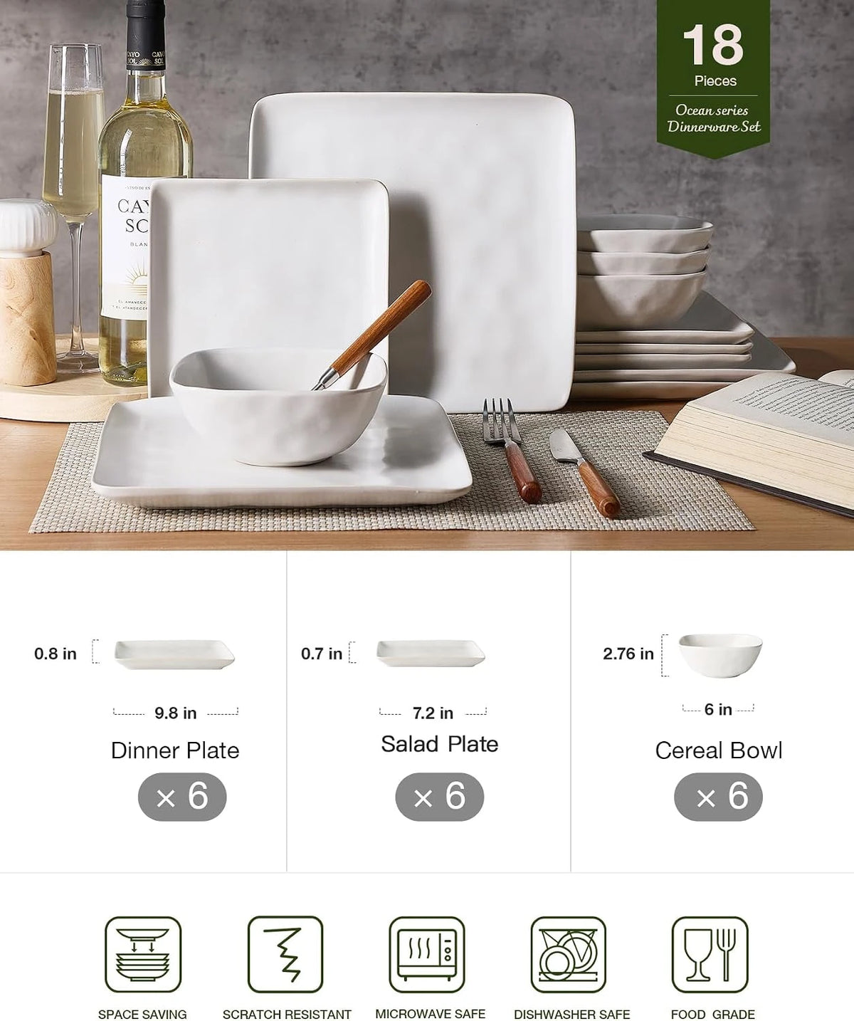 Famiware Ocean Square 18-Piece Stoneware Dinnerware Set, Service for 6 - Matte White - image 2