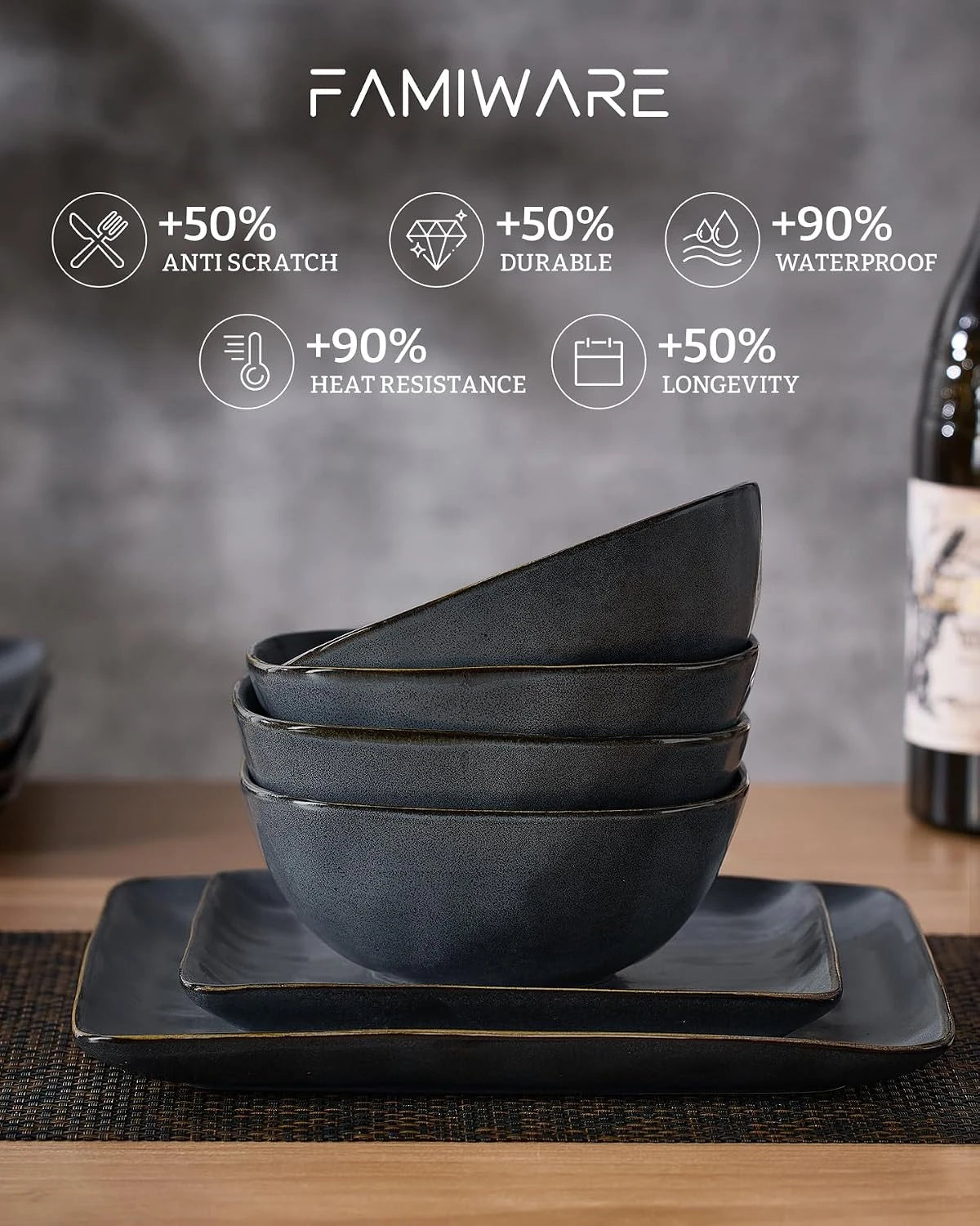 Famiware Ocean Square 24-Piece Stoneware Dinnerware Set, Service for 8 - Matte Dark Charcoal - image 6