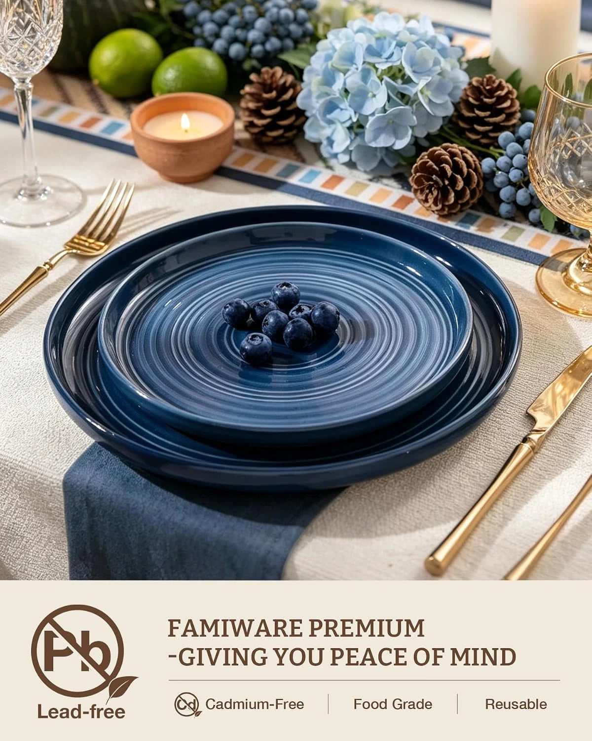 Famiware Ripple 12-Piece Stoneware Dinnerware Set - Abyssal Blue - 03