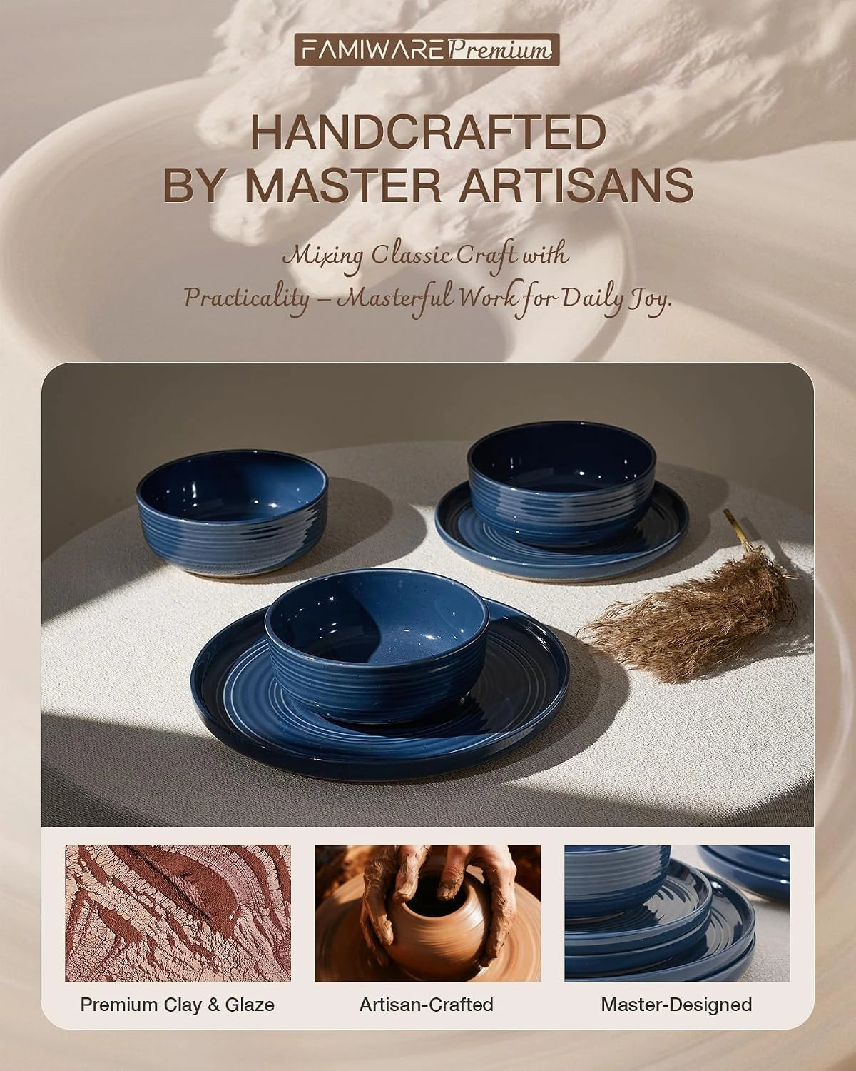 Famiware Ripple 12-Piece Stoneware Dinnerware Set - Abyssal Blue - 05