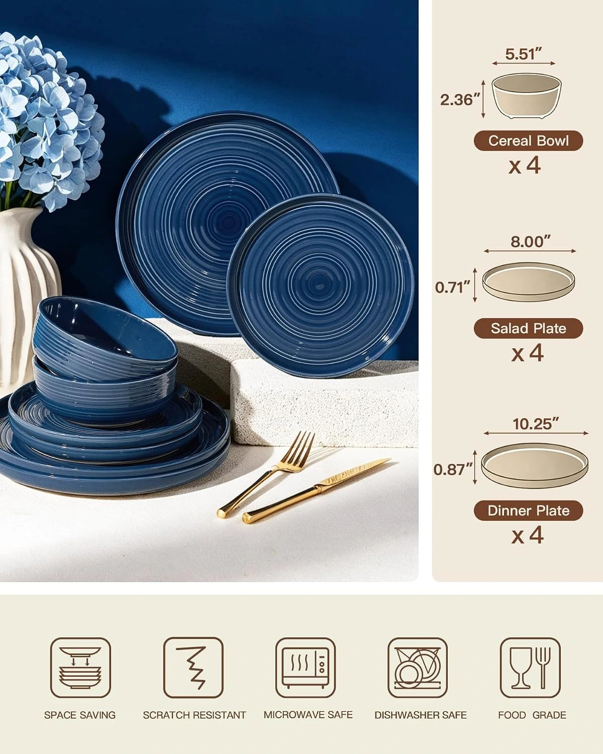 Famiware Ripple 12-Piece Stoneware Dinnerware Set - Abyssal Blue - 06