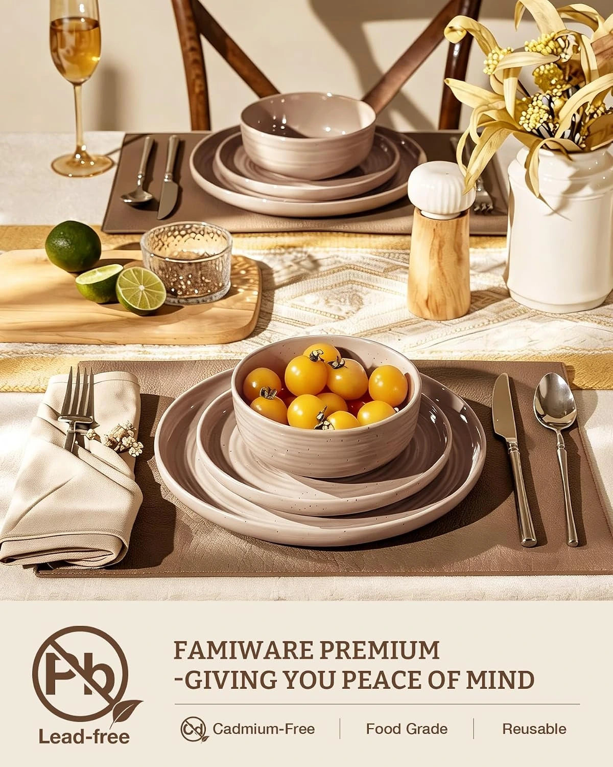 Famiware Ripple 12-Piece Stoneware Dinnerware Set - Brown - 04