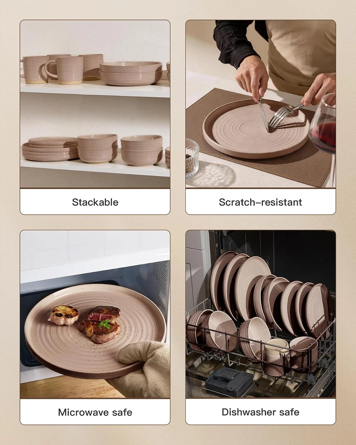 Famiware Ripple 12-Piece Stoneware Dinnerware Set - Brown - 05