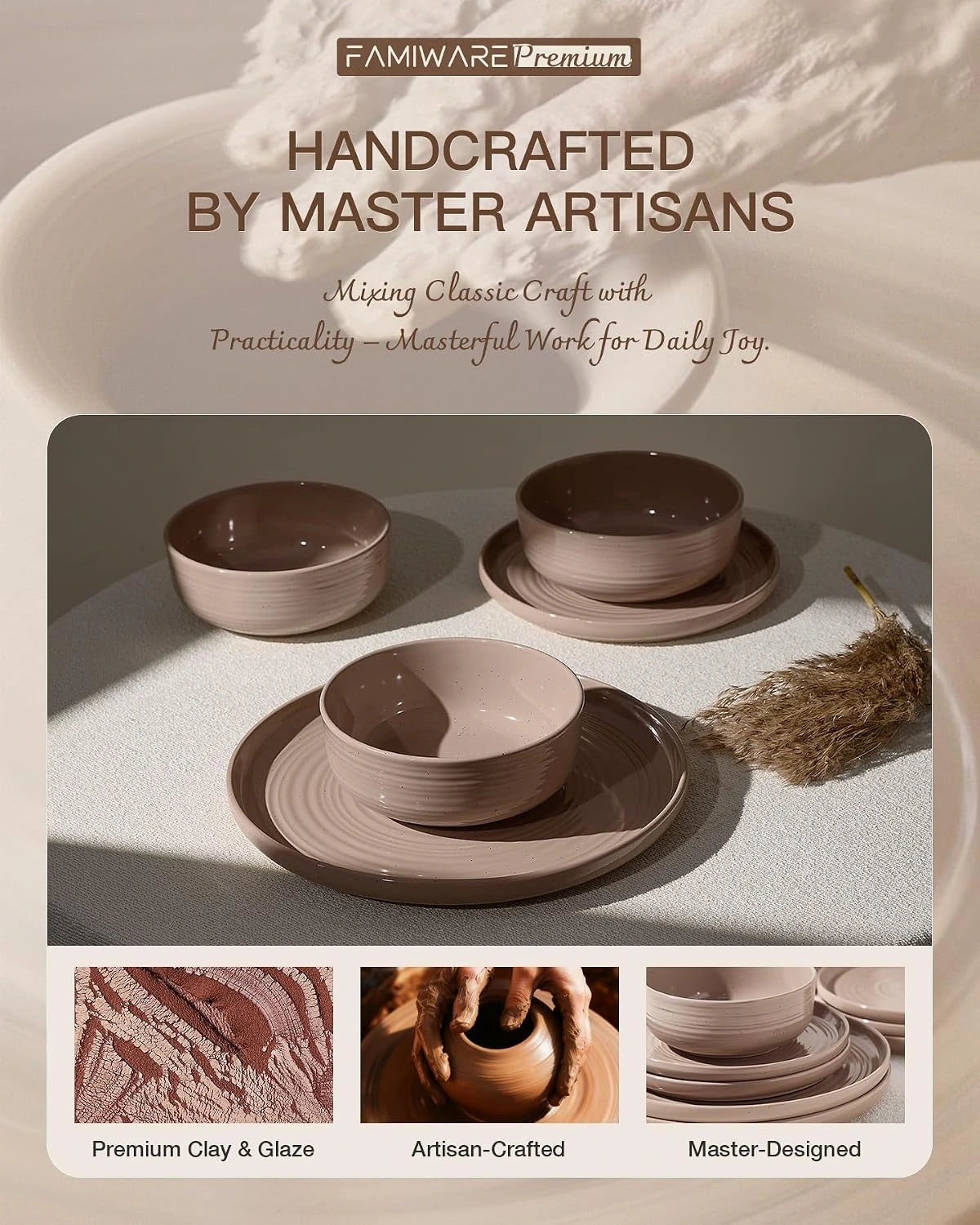 Famiware Ripple 12-Piece Stoneware Dinnerware Set - Brown - 06