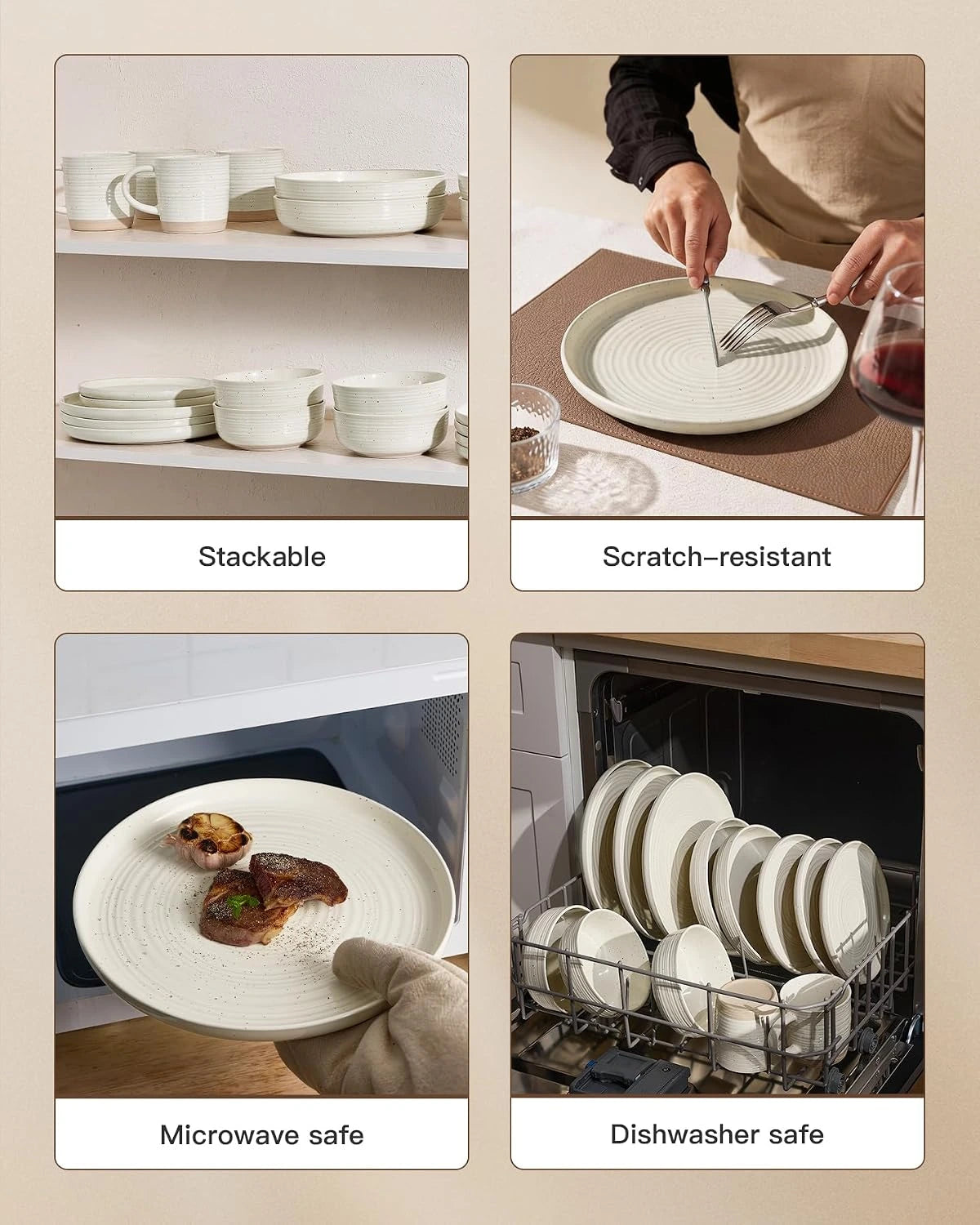 Famiware Ripple 12-Piece Stoneware Dinnerware Set - Cream - 05