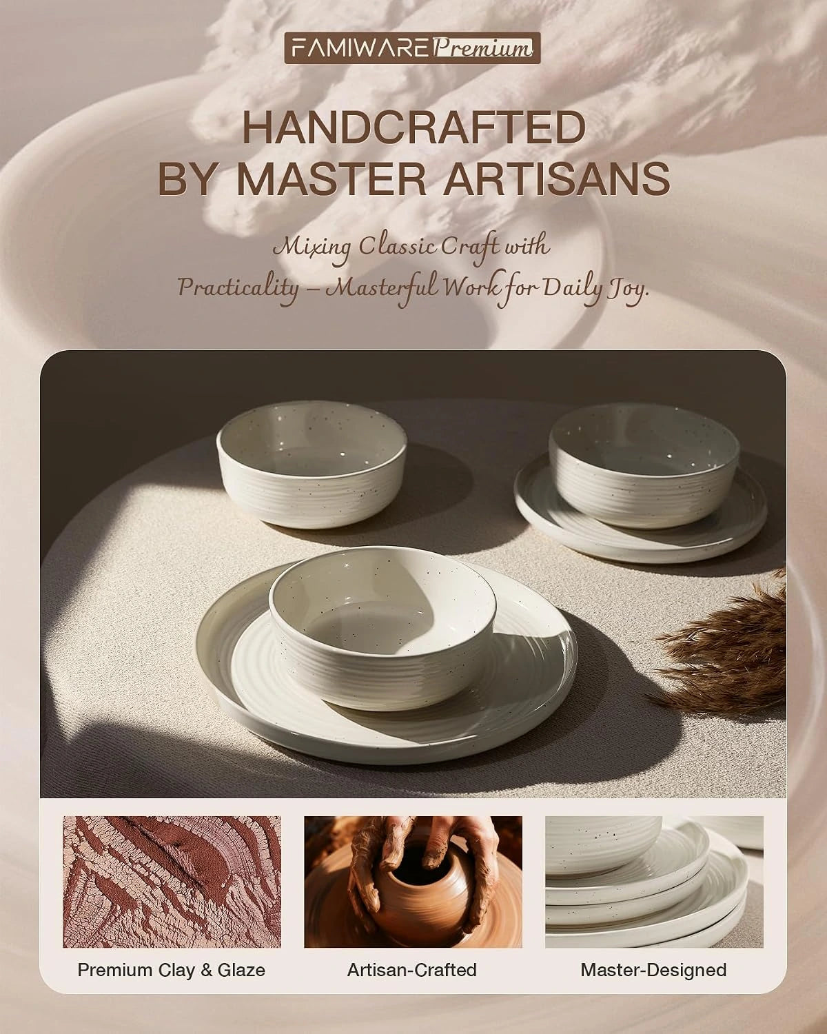 Famiware Ripple 12-Piece Stoneware Dinnerware Set - Cream - 06