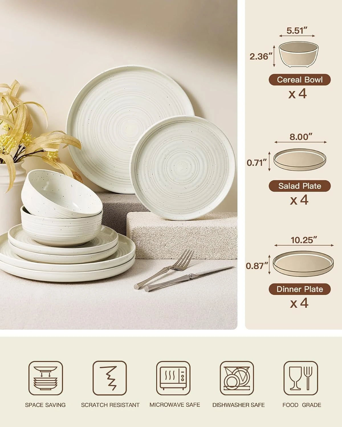 Famiware Ripple 12-Piece Stoneware Dinnerware Set - Cream - 07
