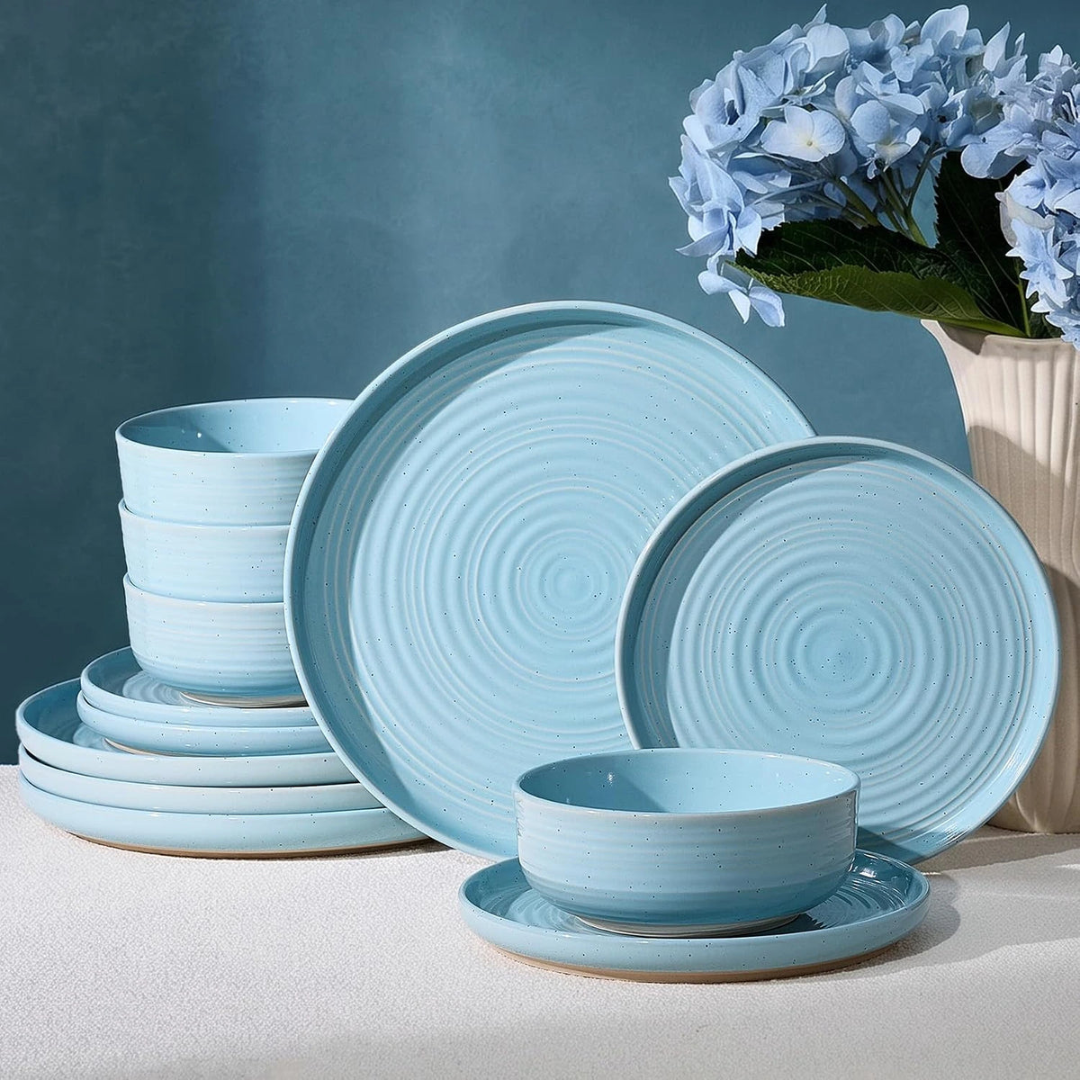 Famiware Ripple 12-Piece Stoneware Dinnerware Set - Ice Blue - 01