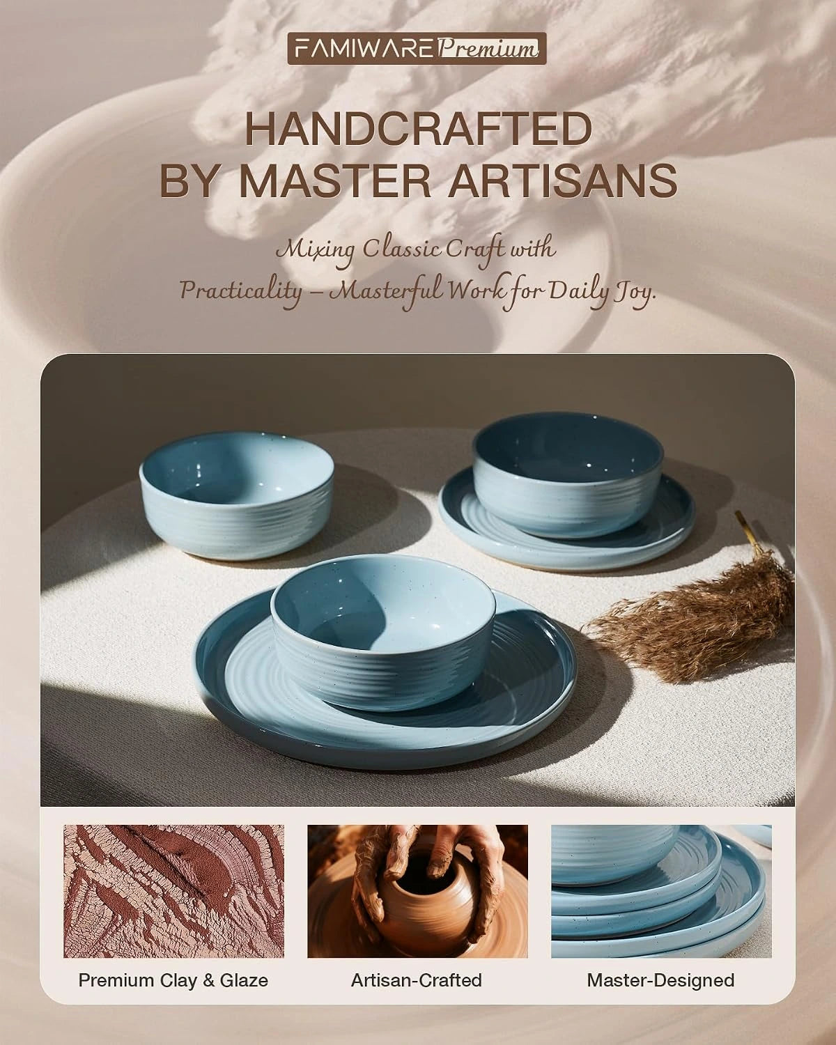 Famiware Ripple 12-Piece Stoneware Dinnerware Set - Ice Blue - 05