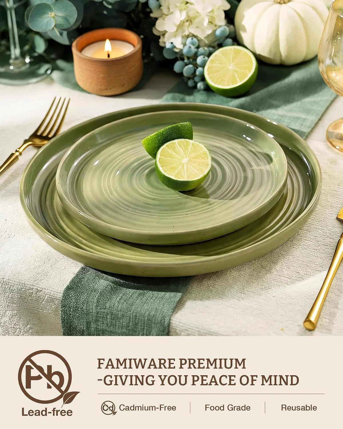 Famiware Ripple 12-Piece Stoneware Dinnerware Set - Olive Green - 03