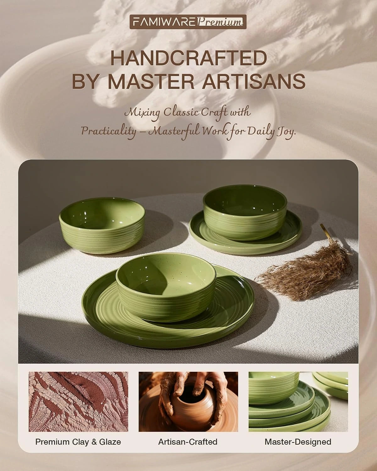 Famiware Ripple 12-Piece Stoneware Dinnerware Set - Olive Green - 05