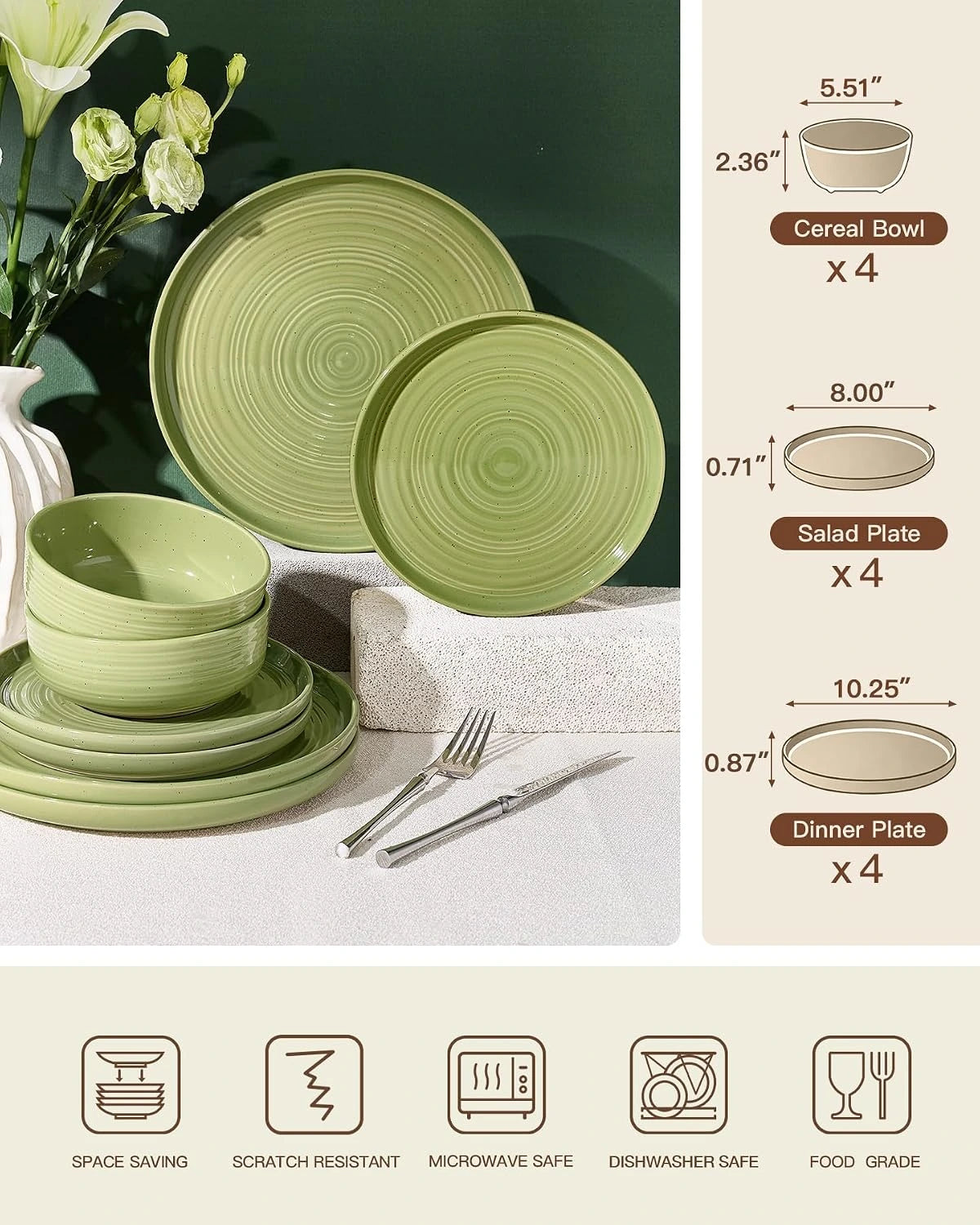 Famiware Ripple 12-Piece Stoneware Dinnerware Set - Olive Green - 06