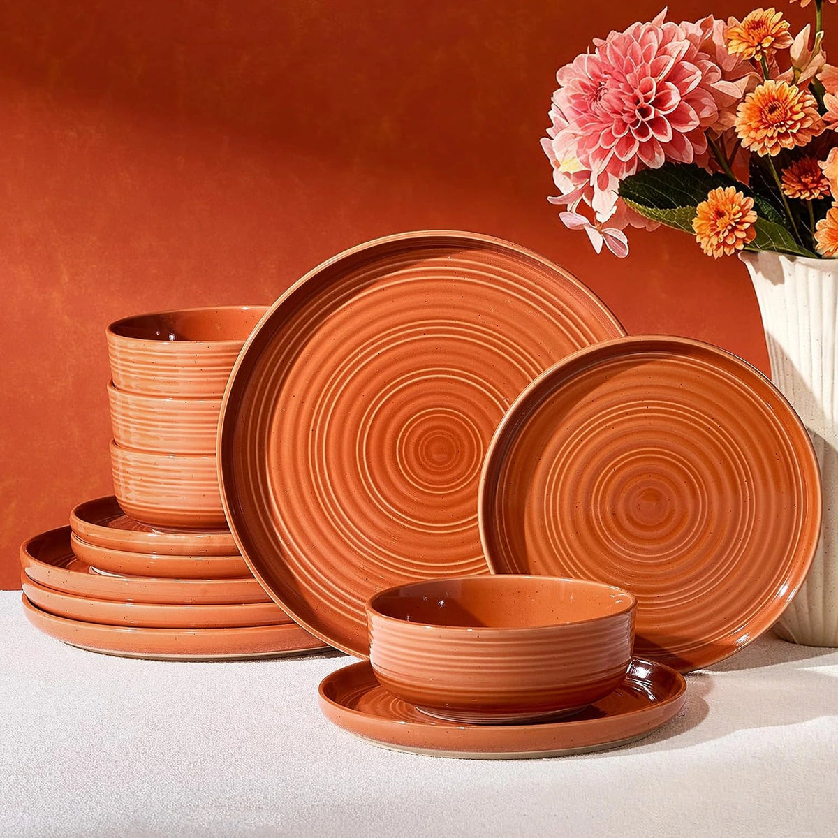 Famiware Ripple 12-Piece Stoneware Dinnerware Set - Terracotta - 01